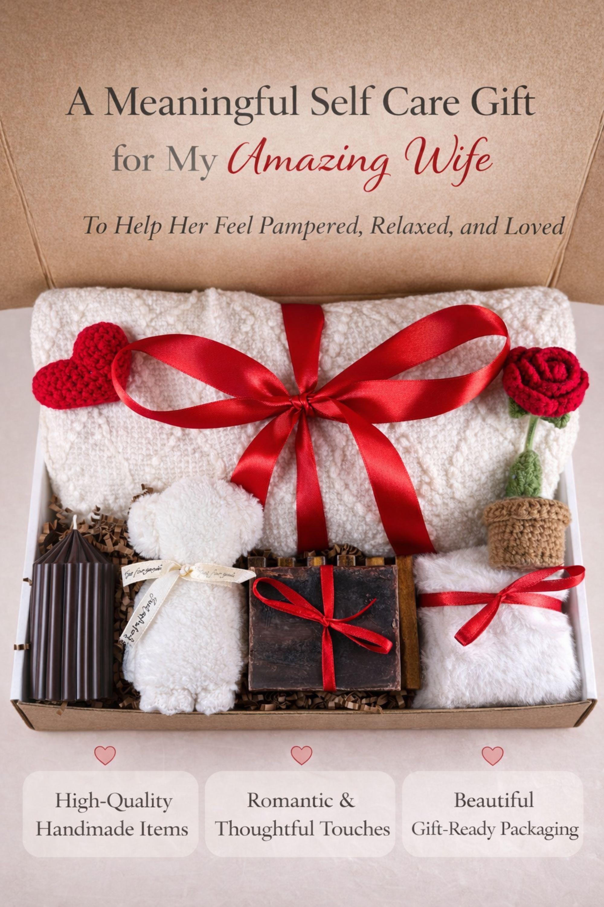 Valentine gift for wife displayed in a cozy handmade gift box featuring a candle, artisan soap, soft spa-style items, and romantic handcrafted details. This thoughtful Valentine care package for a wife is arranged in warm neutral tones with red accents, creating a meaningful romantic gift designed to express love, comfort, and appreciation. A cozy self care gift for wife, beautifully packaged and ready to gift.