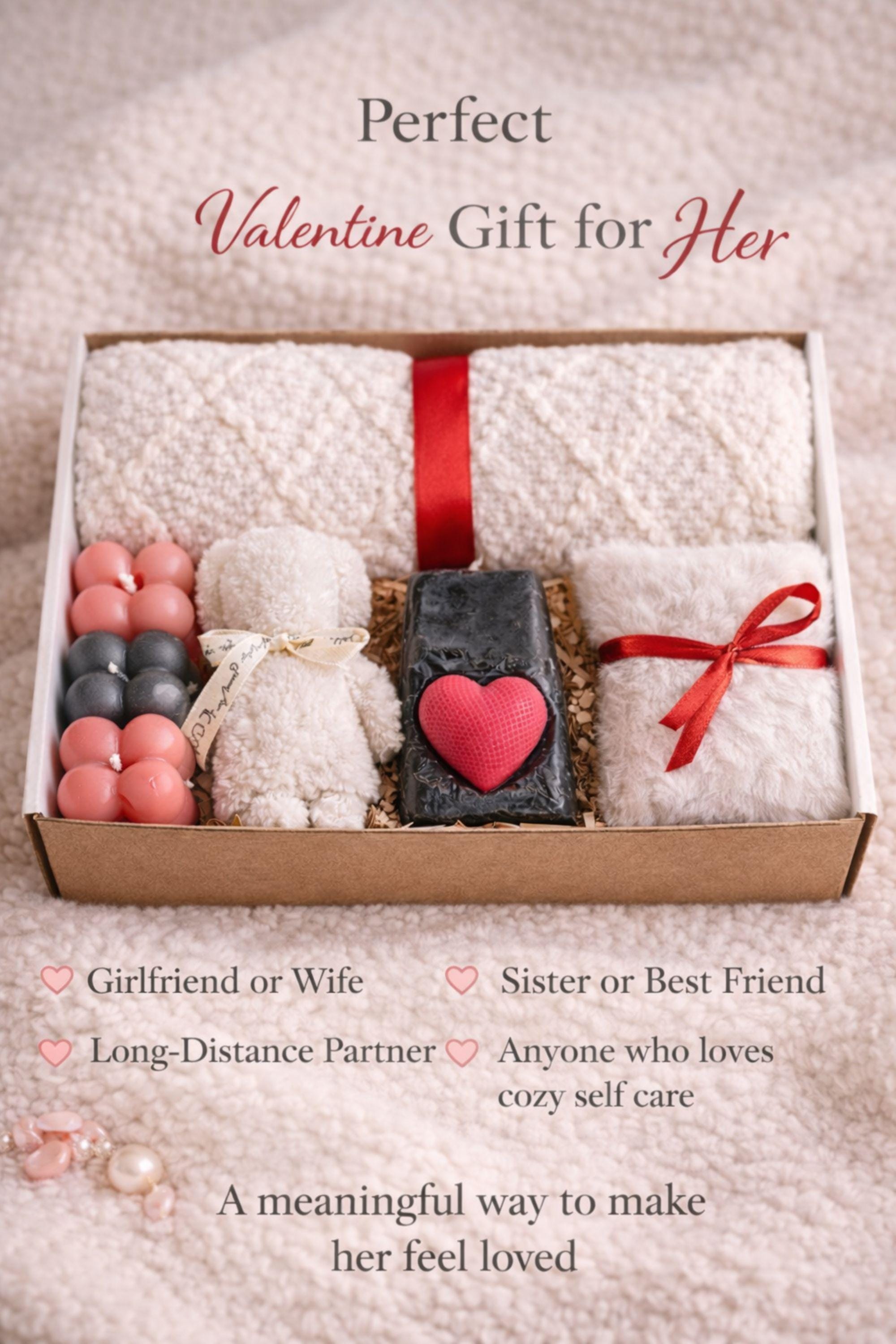 Cozy Valentine gift box for her displayed on a soft cream knitted background, featuring handmade bubble candles, a heart-shaped artisan soap, plush cozy bear, and spa-inspired self care items arranged in a gift-ready box. This romantic Valentine care package is a thoughtful self care gift for girlfriend, wife, sister, or loved one, designed to send comfort, warmth, and love with handmade details and ready-to-gift packaging.