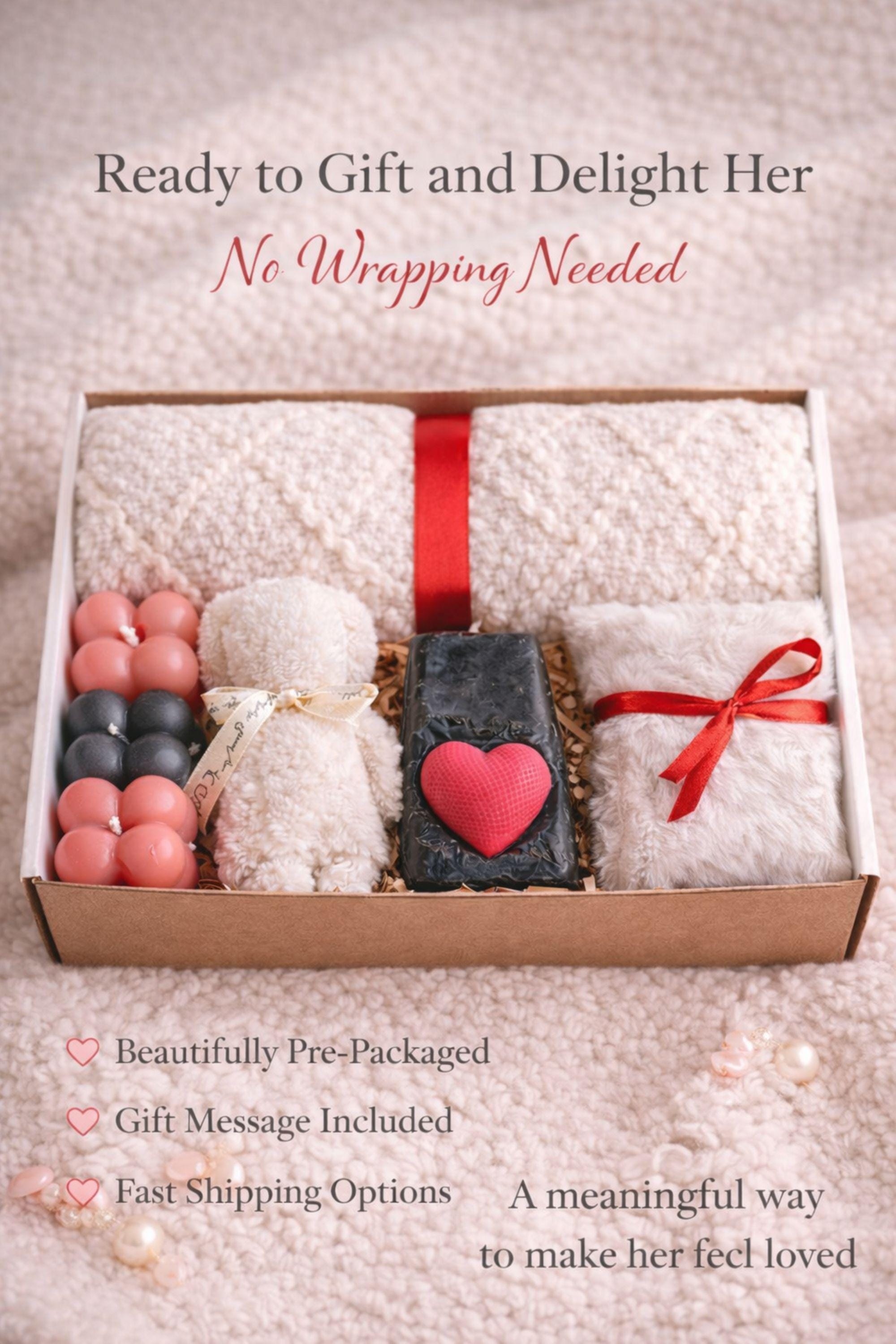Cozy Valentine gift box for her displayed on a soft cream knitted background, featuring handmade bubble candles, a heart-shaped artisan soap, plush cozy bear, and spa-inspired self care items arranged in a gift-ready box. This romantic Valentine care package is a thoughtful self care gift for girlfriend, wife, sister, or loved one, designed to send comfort, warmth, and love with handmade details and ready-to-gift packaging.