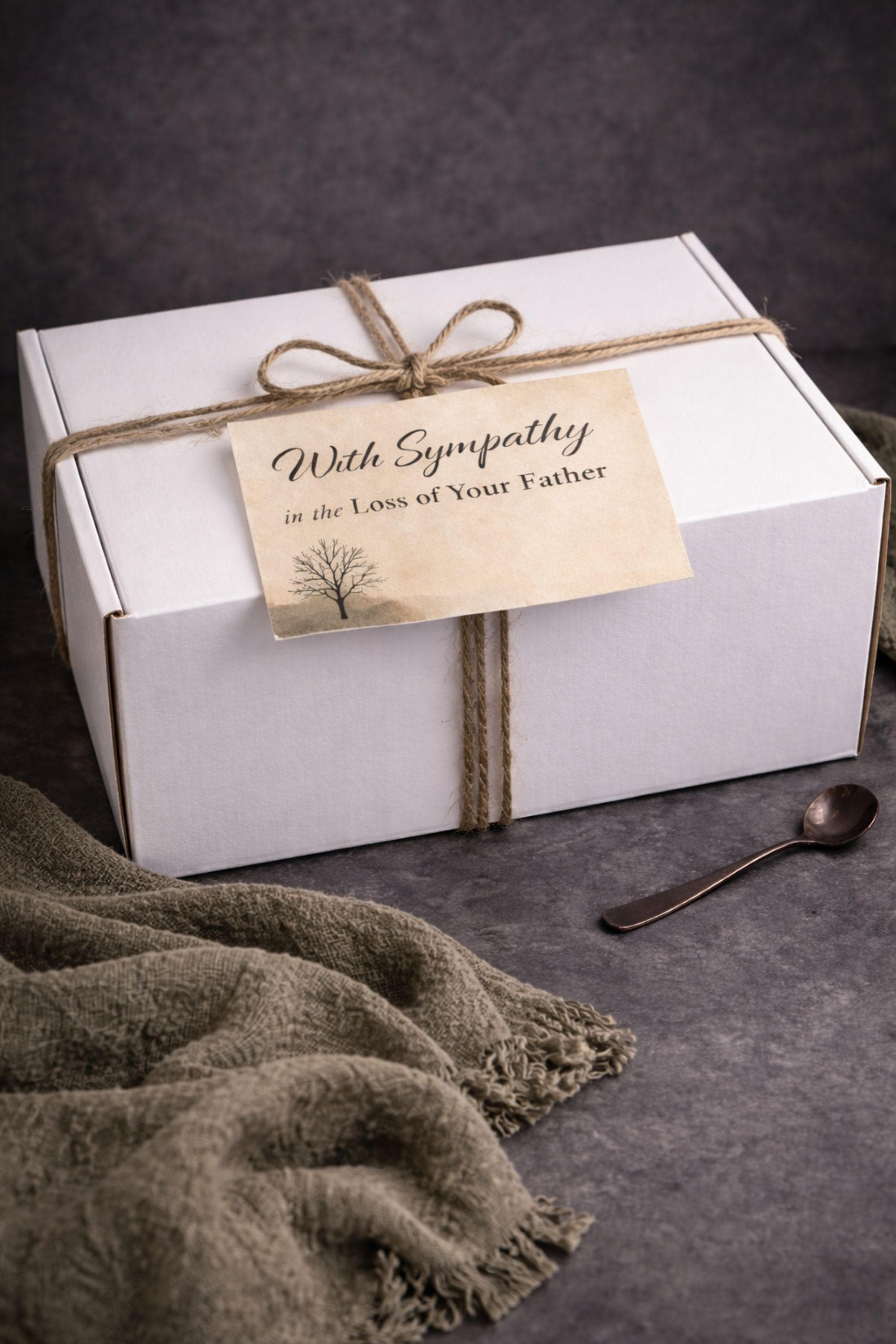 Loss of father sympathy gift box displayed on dark charcoal background with cozy olive knit blanket, handmade pillar candle with textured stone-style base and subtle gold accents, natural handmade soap on wooden holder, ceramic mug with spoon, thoughtful bereavement care package designed for condolence support, memorial gift for grieving family after dad loss, meaningful comfort present during funeral or remembrance