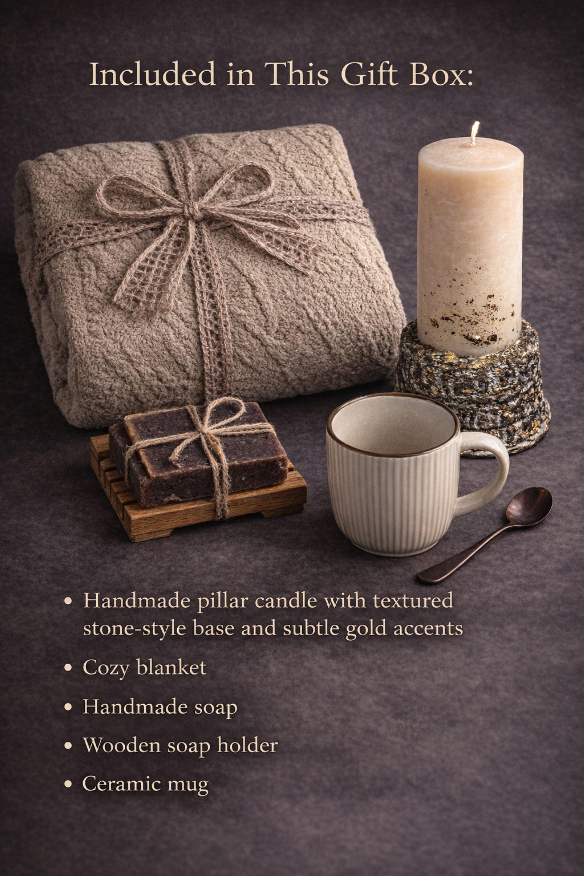 Loss of father sympathy gift box displayed on dark charcoal background with cozy olive knit blanket, handmade pillar candle with textured stone-style base and subtle gold accents, natural handmade soap on wooden holder, ceramic mug with spoon, thoughtful bereavement care package designed for condolence support, memorial gift for grieving family after dad loss, meaningful comfort present during funeral or remembrance