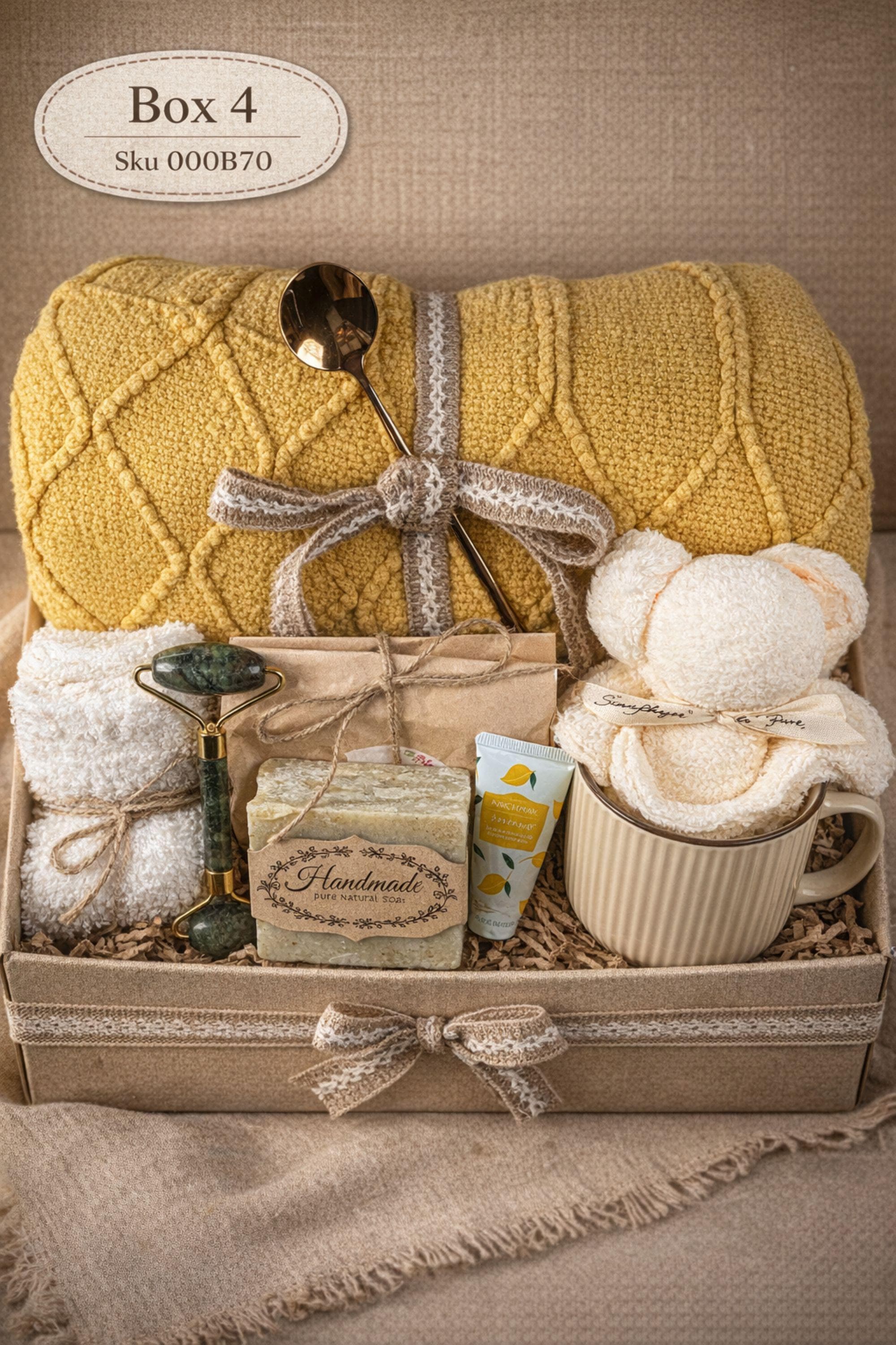 Sending You Hugs grief support gift box with sage knit blanket, ribbed green ceramic mug, handmade two-tone artisan soap, stainless steel spoon, and three bubble candles arranged inside kraft box on warm beige linen background. Sympathy care package designed for comfort during difficult times, loss support, thinking of you gift, and emotional encouragement.