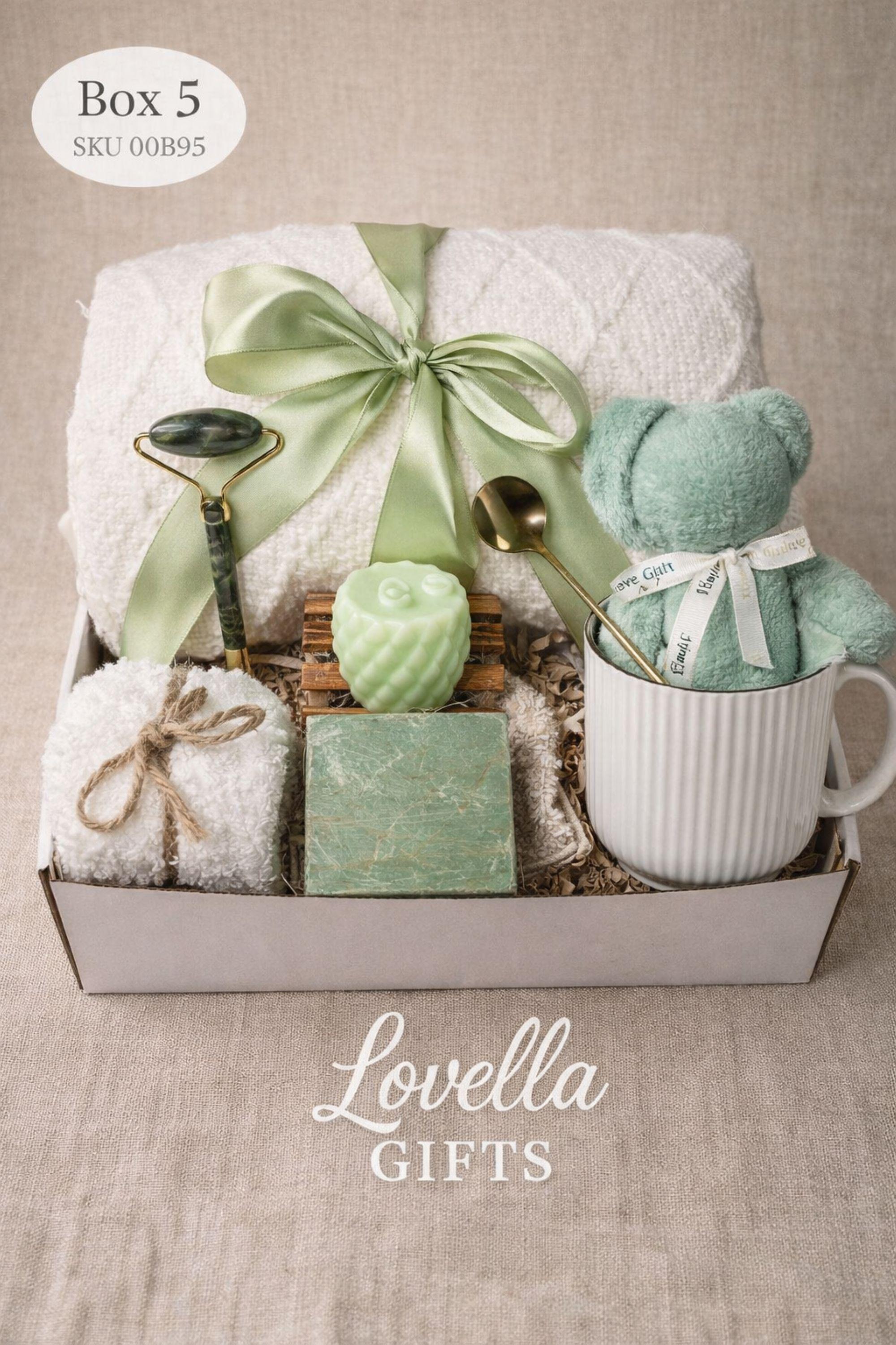 Get well soon gift box for her featuring cozy blanket, handmade soap, ceramic mug and spoon, comfort care package designed to help her feel better, thoughtful recovery gift for illness, cozy self care gift box for women, relaxing wellness gift, support gift for friend or coworker, thinking of you gift, ready to gift comfort package for rest, warmth and emotional care