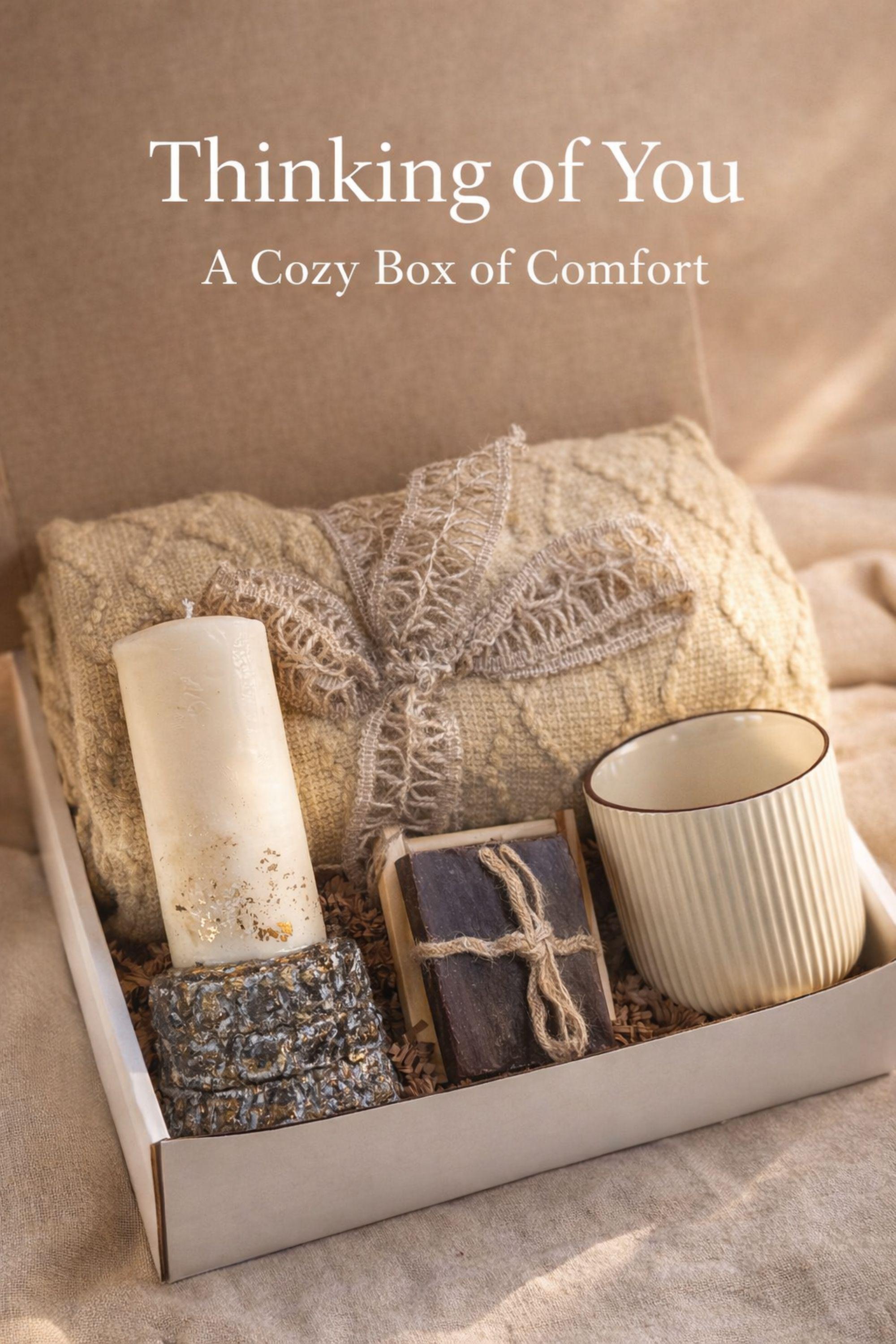 Thinking of You care package gift box featuring cozy knit blanket, handmade pillar candle on textured base, artisan soap with wooden holder, ribbed ceramic mug with spoon, beautifully arranged in a large white gift box. Comfort gift for women, sympathy support box, get well soon present, self care package, cozy curated gift ready to send.
