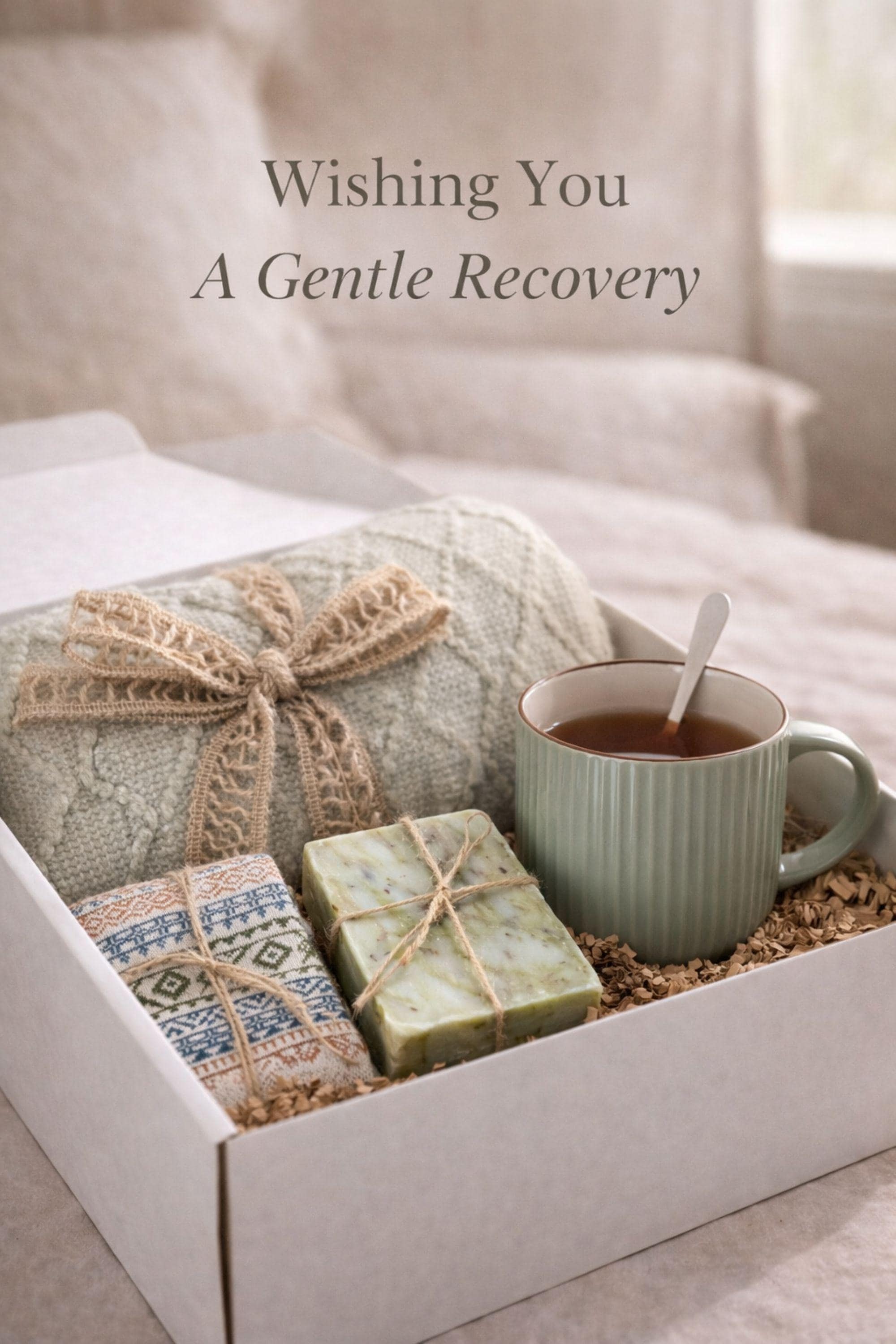 Get well soon gift box for her featuring cozy blanket, handmade soap, ceramic mug and spoon, comfort care package designed to help her feel better, thoughtful recovery gift for illness, cozy self care gift box for women, relaxing wellness gift, support gift for friend or coworker, thinking of you gift, ready to gift comfort package for rest, warmth and emotional care