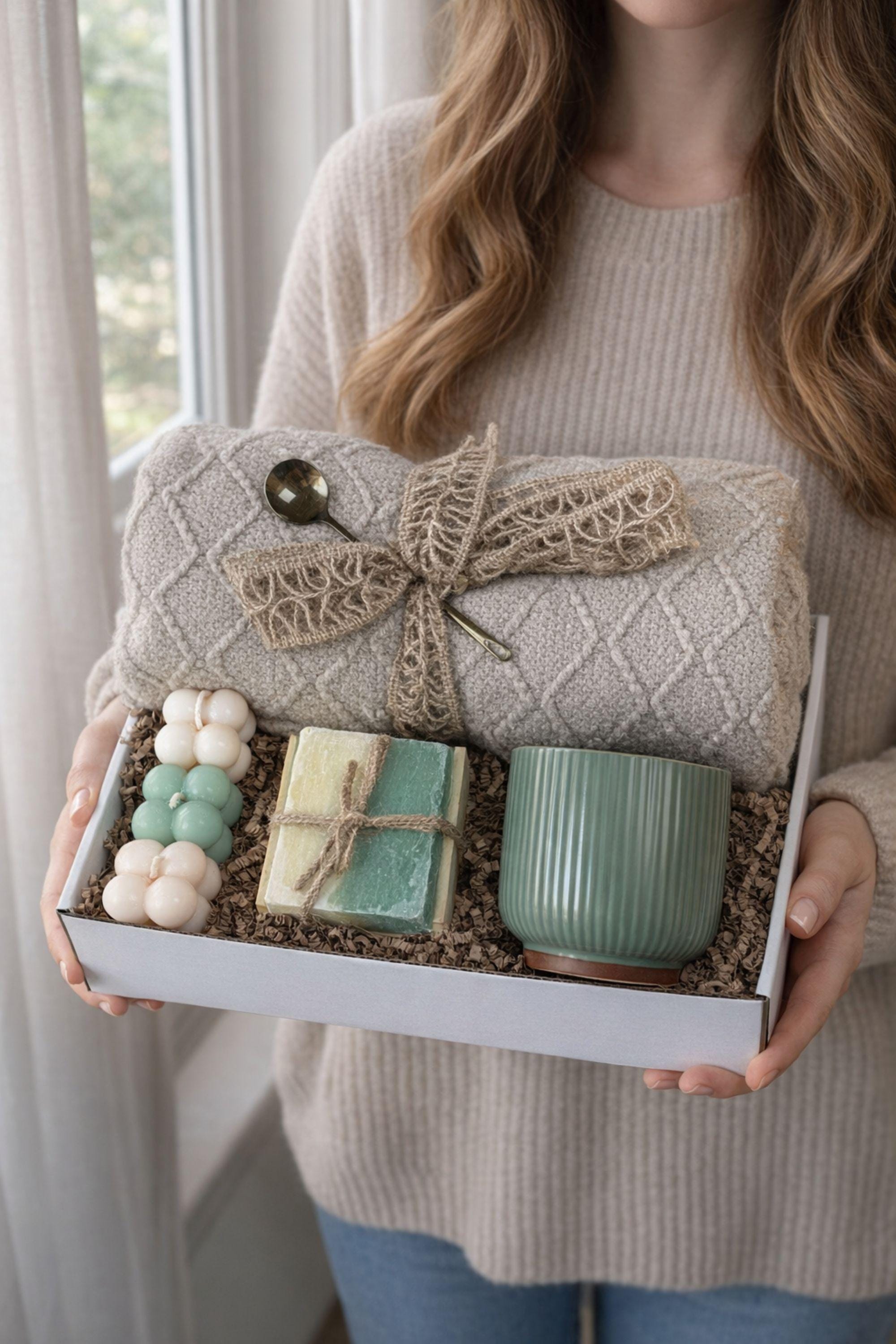 Sending You Hugs grief support gift box with sage knit blanket, ribbed green ceramic mug, handmade two-tone artisan soap, stainless steel spoon, and three bubble candles arranged inside kraft box on warm beige linen background. Sympathy care package designed for comfort during difficult times, loss support, thinking of you gift, and emotional encouragement.