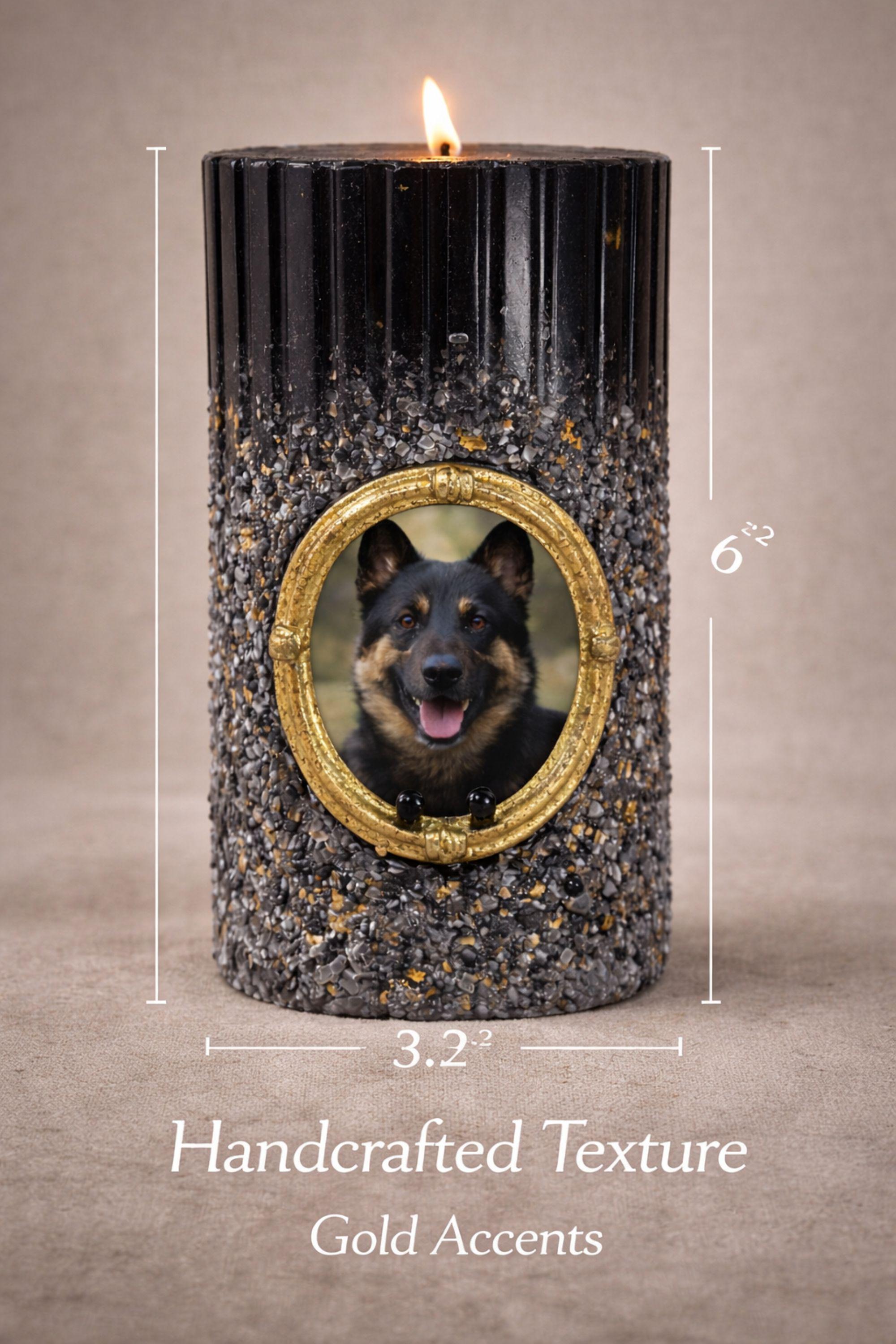 Pet memorial candle with vintage gold photo frame, black textured candle with gold flecks designed to hold a cherished photo of a beloved pet. Thoughtful dog loss gift or cat memorial candle that creates a meaningful remembrance keepsake. Elegant sympathy gift for pet loss featuring a photo insert frame for displaying a treasured memory of a dog or cat.