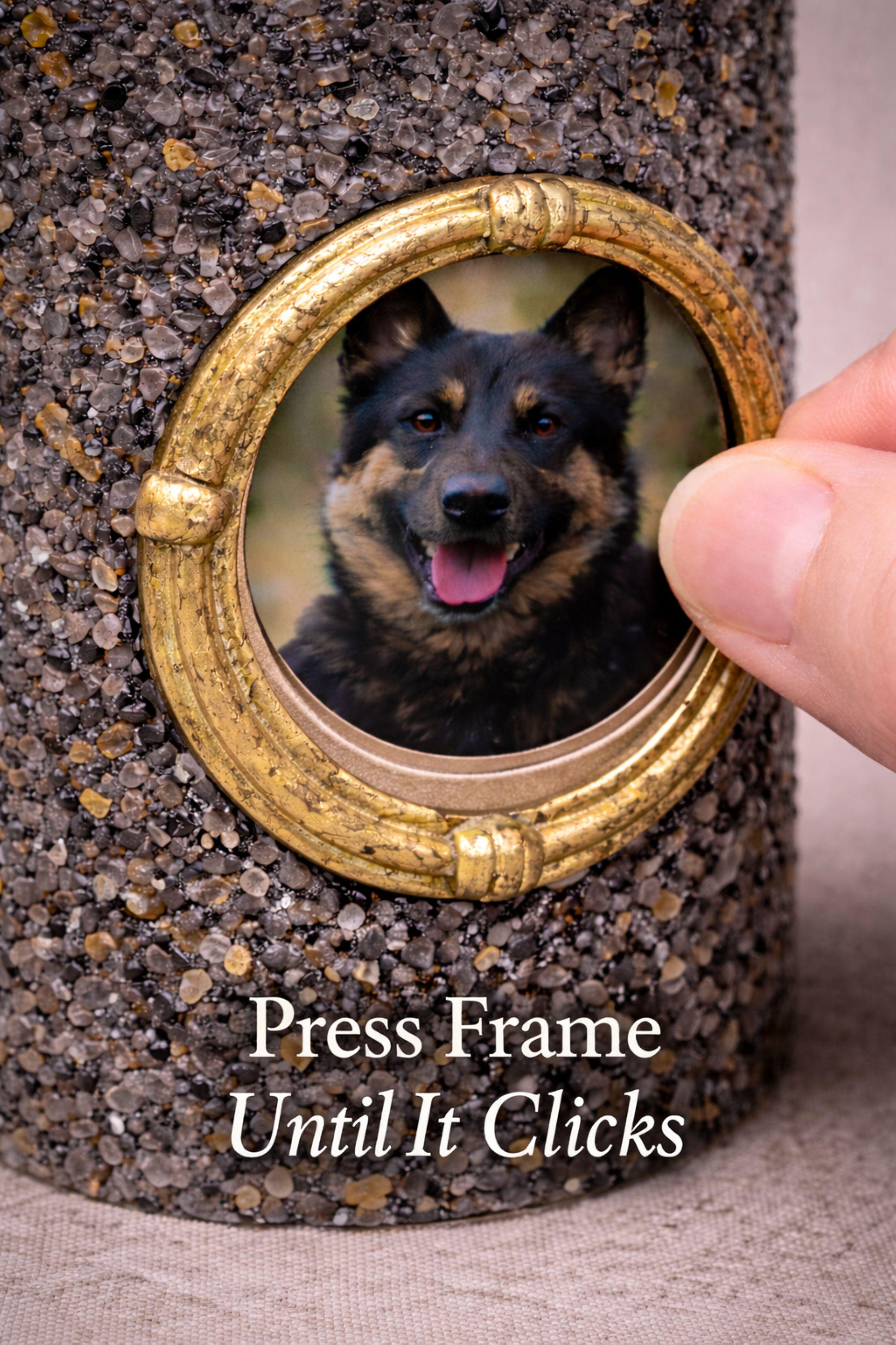 Pet memorial candle with vintage gold photo frame, black textured candle with gold flecks designed to hold a cherished photo of a beloved pet. Thoughtful dog loss gift or cat memorial candle that creates a meaningful remembrance keepsake. Elegant sympathy gift for pet loss featuring a photo insert frame for displaying a treasured memory of a dog or cat.