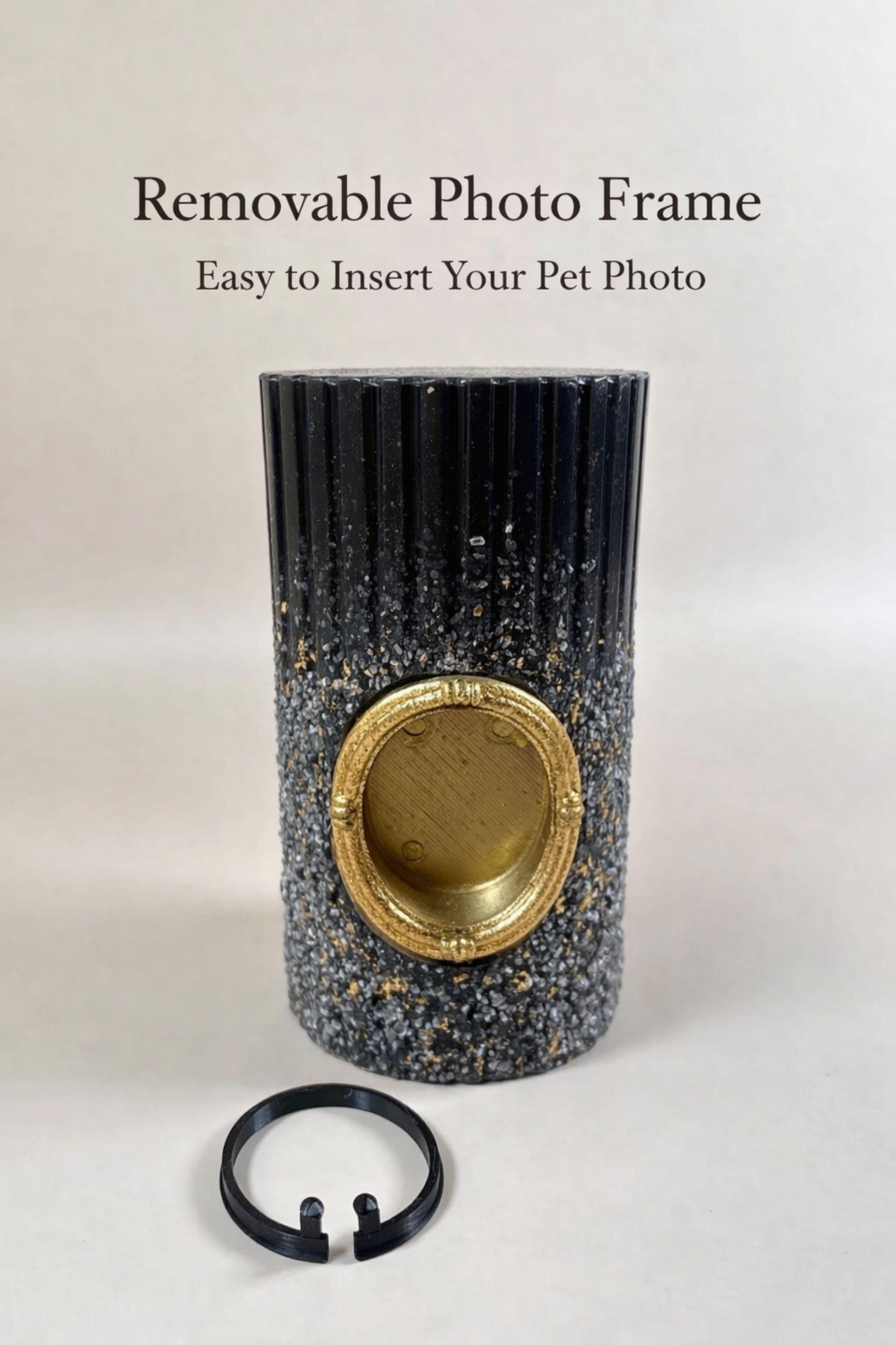 Pet memorial candle with vintage gold photo frame, black textured candle with gold flecks designed to hold a cherished photo of a beloved pet. Thoughtful dog loss gift or cat memorial candle that creates a meaningful remembrance keepsake. Elegant sympathy gift for pet loss featuring a photo insert frame for displaying a treasured memory of a dog or cat.