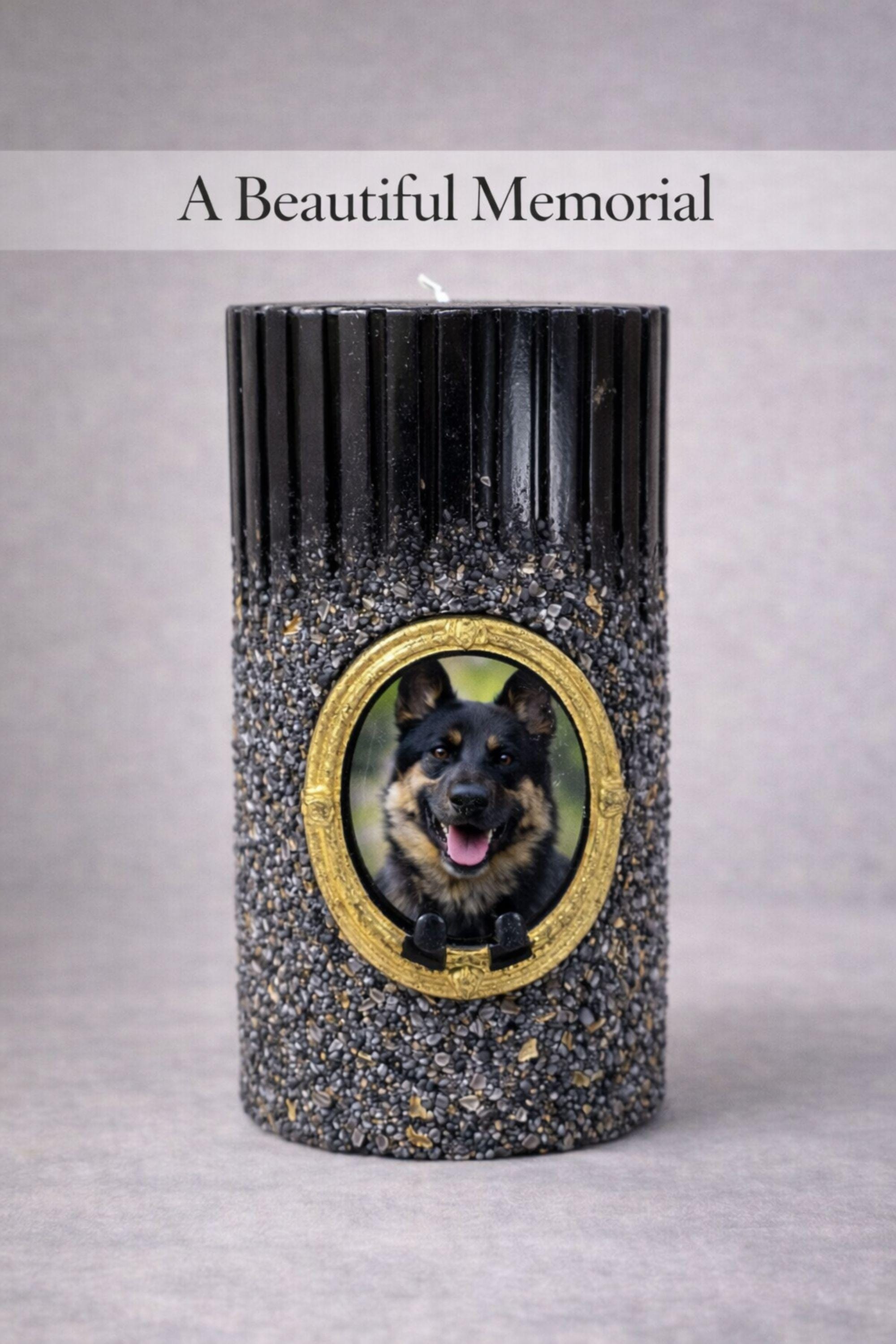 Personalized dog memorial candle with photo frame, pet loss sympathy gift featuring custom dog photo in gold oval frame, remembrance candle for loss of a dog, pet memory candle with textured black holder and lit candle flame, thoughtful pet memorial gift for grieving dog owners, dog remembrance keepsake, personalized pet loss candle, pet sympathy gift idea for loss of beloved dog companion.