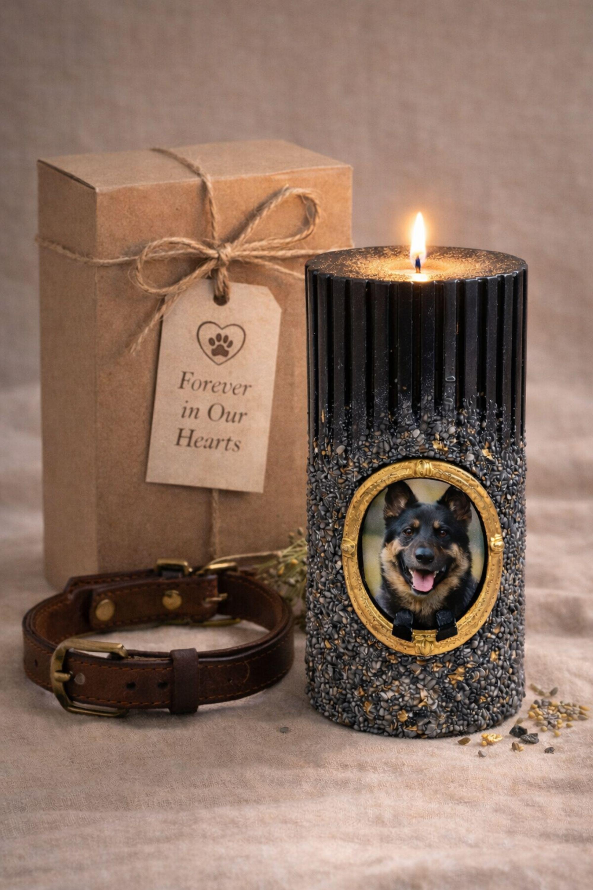 Personalized dog memorial candle with photo frame, pet loss sympathy gift featuring custom dog photo in gold oval frame, remembrance candle for loss of a dog, pet memory candle with textured black holder and lit candle flame, thoughtful pet memorial gift for grieving dog owners, dog remembrance keepsake, personalized pet loss candle, pet sympathy gift idea for loss of beloved dog companion.