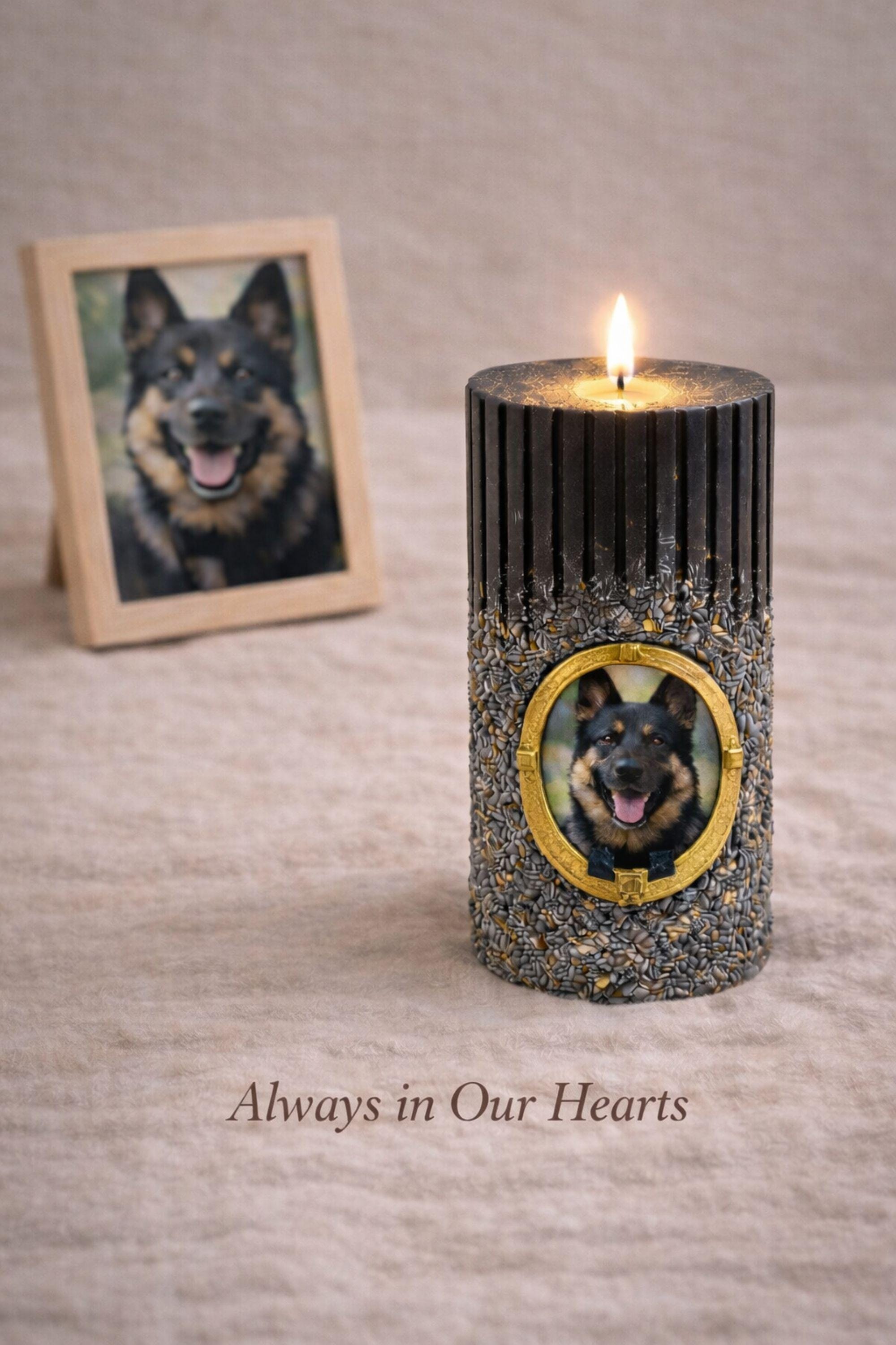 Minimal product photo of personalized pet memorial candle with gold frame and dog photo, elegant ribbed black remembrance candle created to honor a beloved dog or pet.