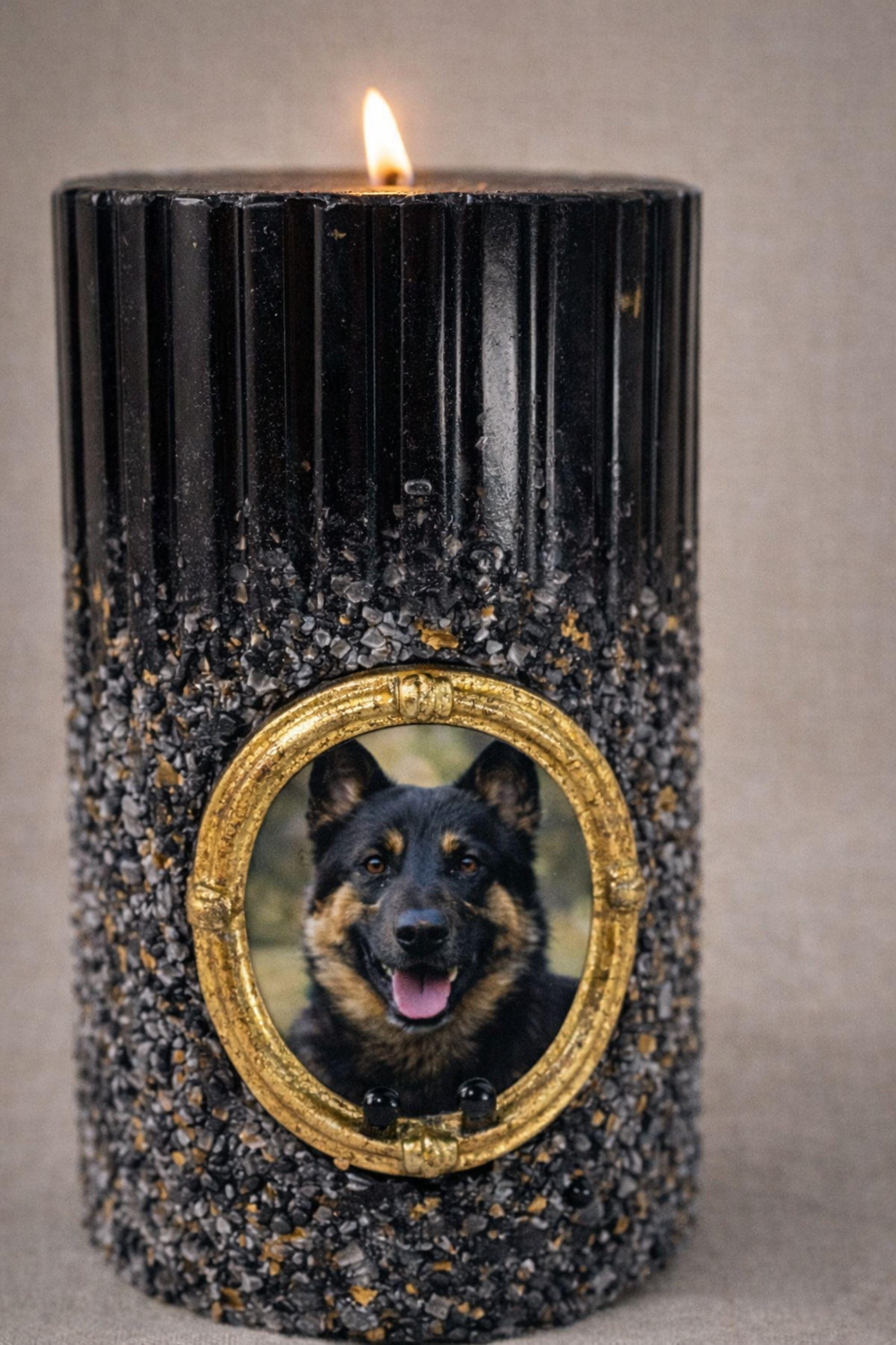 Pet memorial candle with vintage gold photo frame, black textured candle with gold flecks designed to hold a cherished photo of a beloved pet. Thoughtful dog loss gift or cat memorial candle that creates a meaningful remembrance keepsake. Elegant sympathy gift for pet loss featuring a photo insert frame for displaying a treasured memory of a dog or cat.