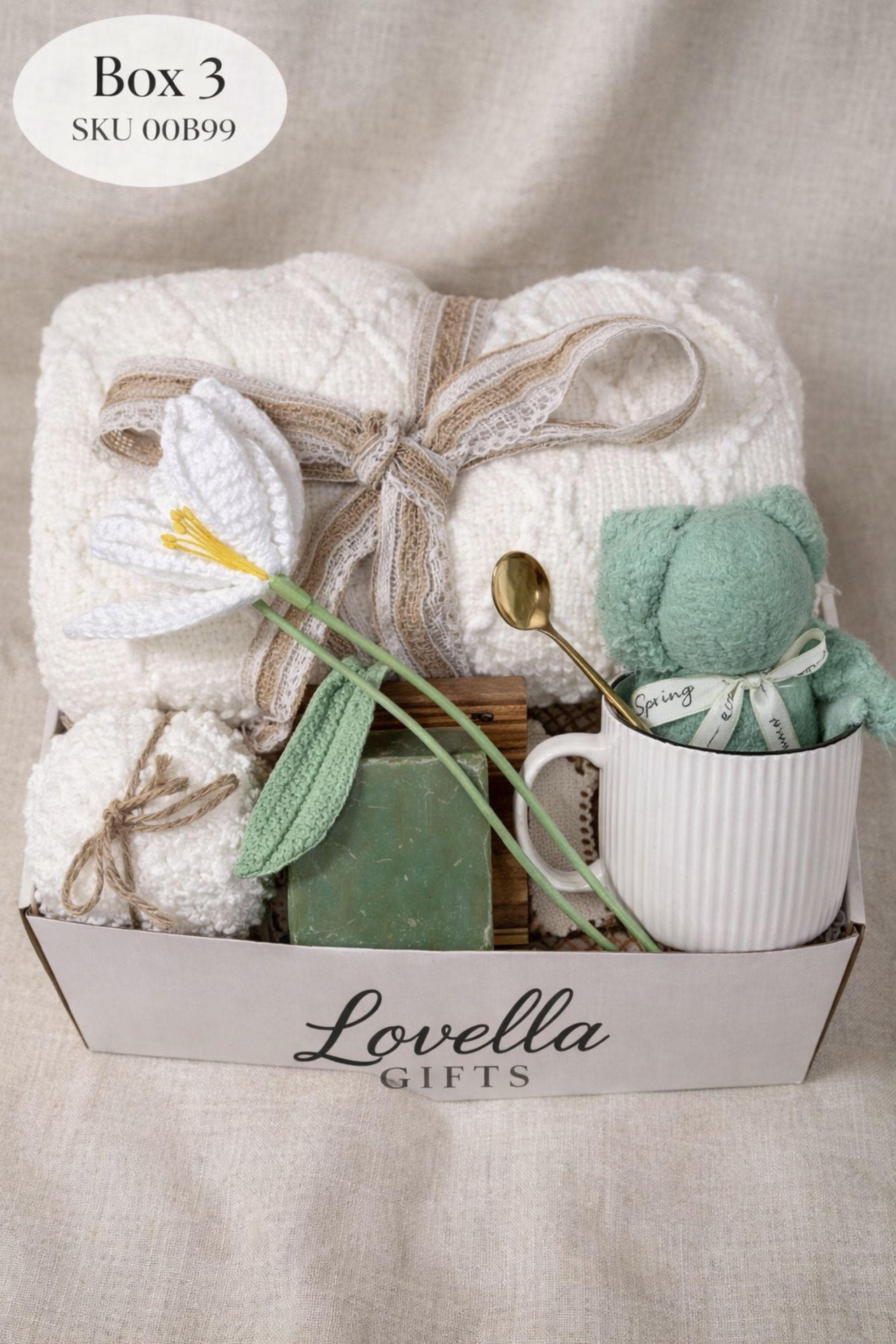 gift for mom from daughter cozy care package gift box with blanket candle soap mug teddy bear handmade crochet flower relaxation spa gift set mothers day gift for mom thoughtful present self care box for women comfort gift basket soft neutral aesthetic ready to gift appreciation gift for mother pamper gift box cozy gift set for her