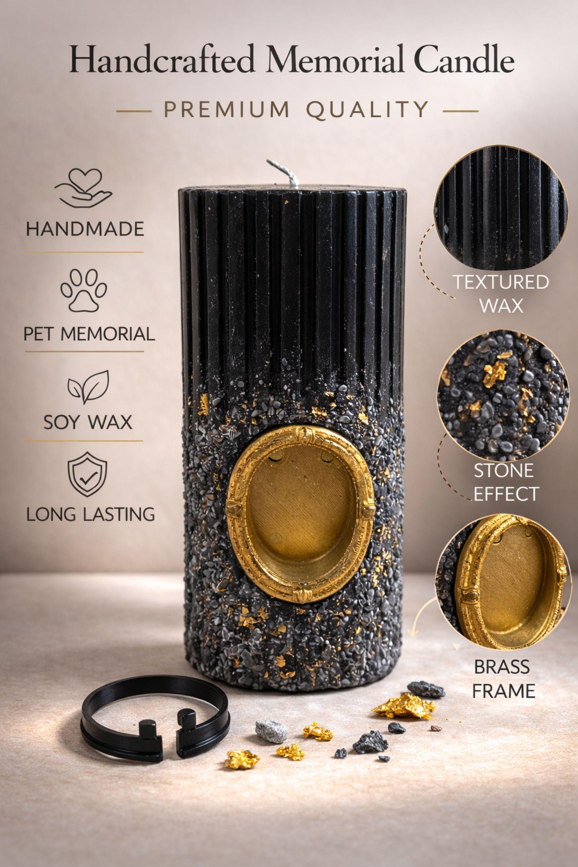 Personalized dog memorial candle with photo frame, pet loss sympathy gift featuring custom dog photo in gold oval frame, remembrance candle for loss of a dog, pet memory candle with textured black holder and lit candle flame, thoughtful pet memorial gift for grieving dog owners, dog remembrance keepsake, personalized pet loss candle, pet sympathy gift idea for loss of beloved dog companion.
