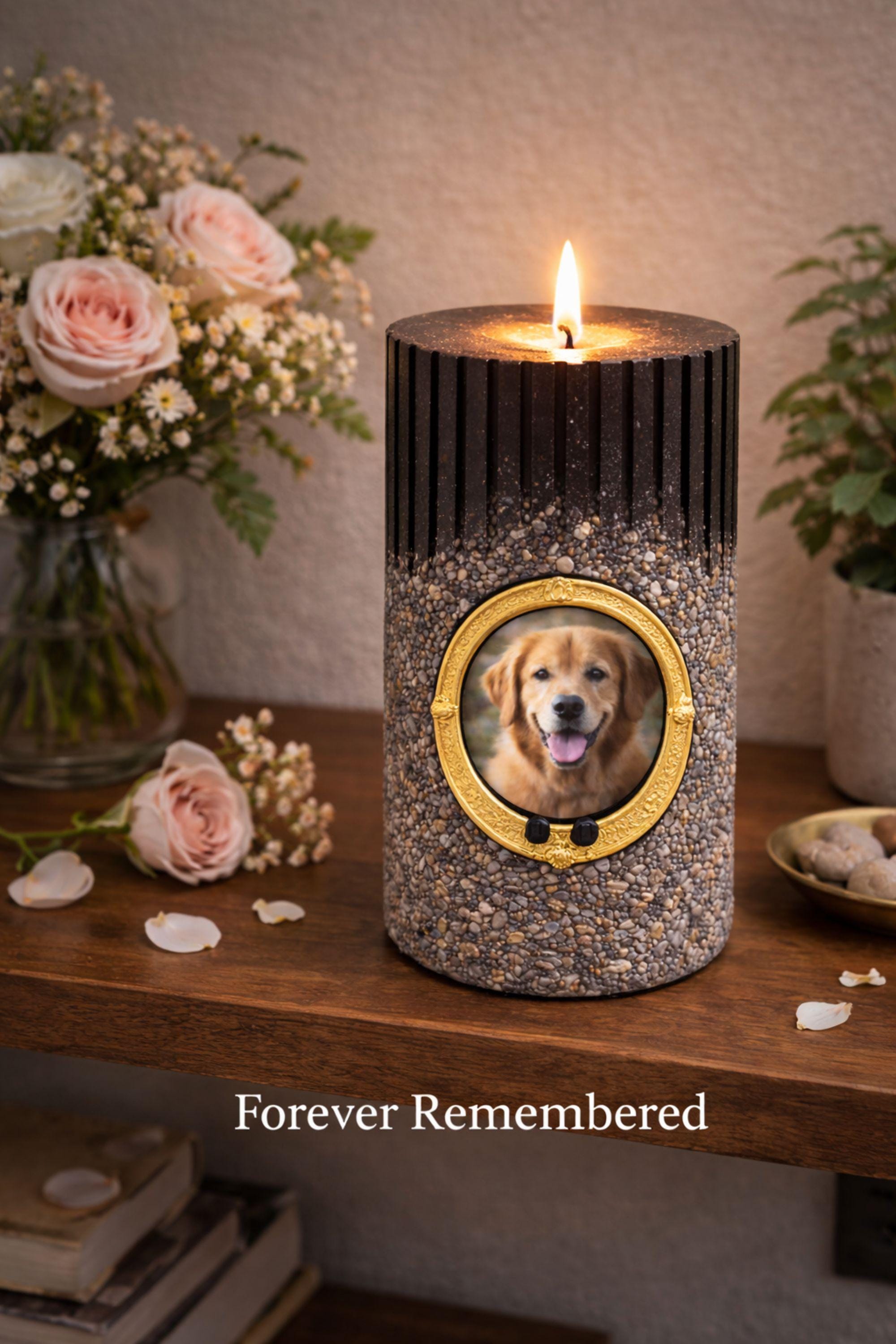 Personalized pet memorial candle with dog photo inside a gold oval frame. Black textured candle with stone finish designed as a pet loss sympathy gift and remembrance keepsake honoring a beloved dog or pet.