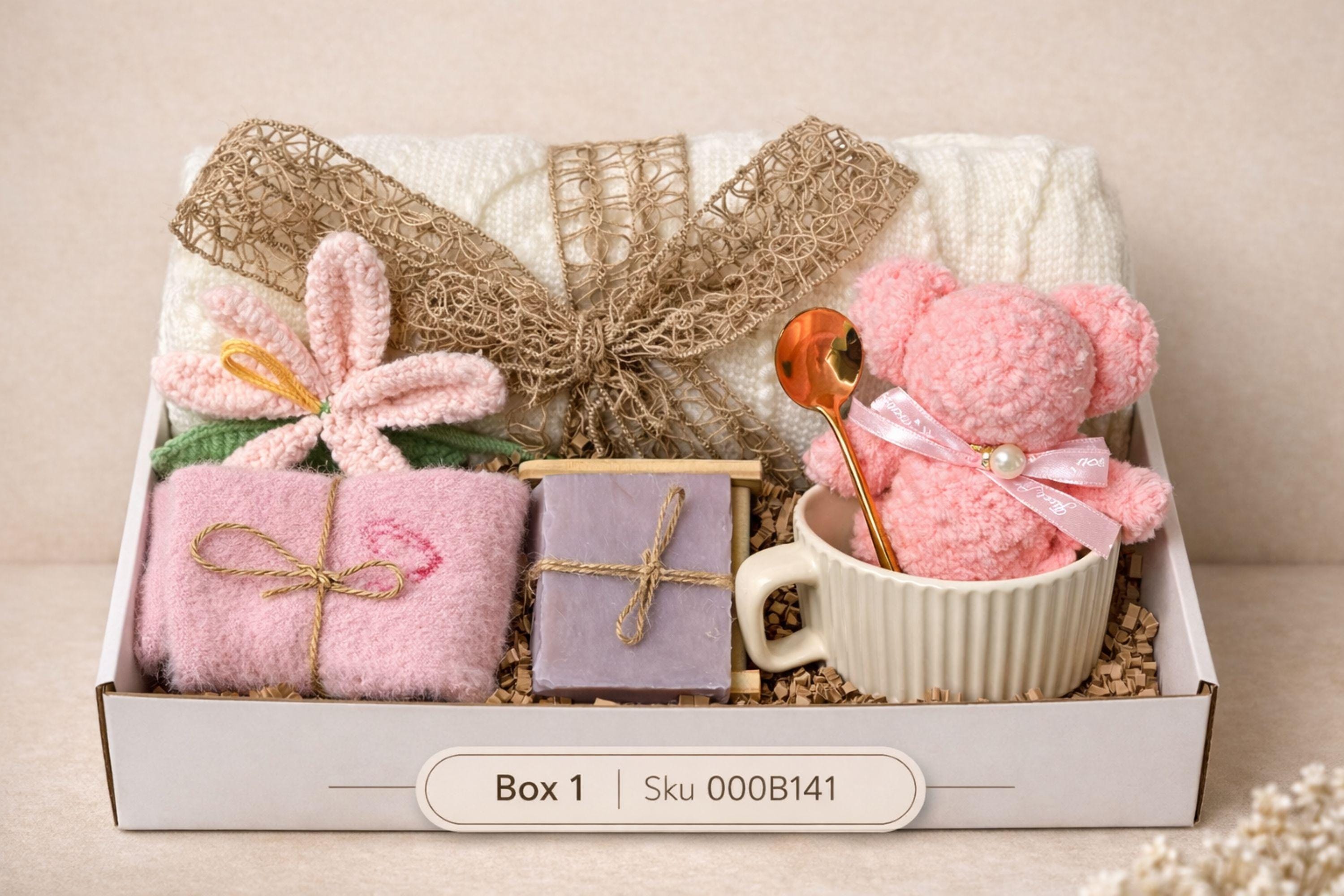 Get well soon gift box care package with cozy blanket, pink plush teddy in ceramic mug with gold spoon, handmade soap on wooden holder, soft socks and crochet flower. Thoughtful recovery gift basket for her designed to bring comfort and encouragement during healing, surgery recovery, illness or difficult days. Perfect thinking of you gift and comforting self care gift set for women.