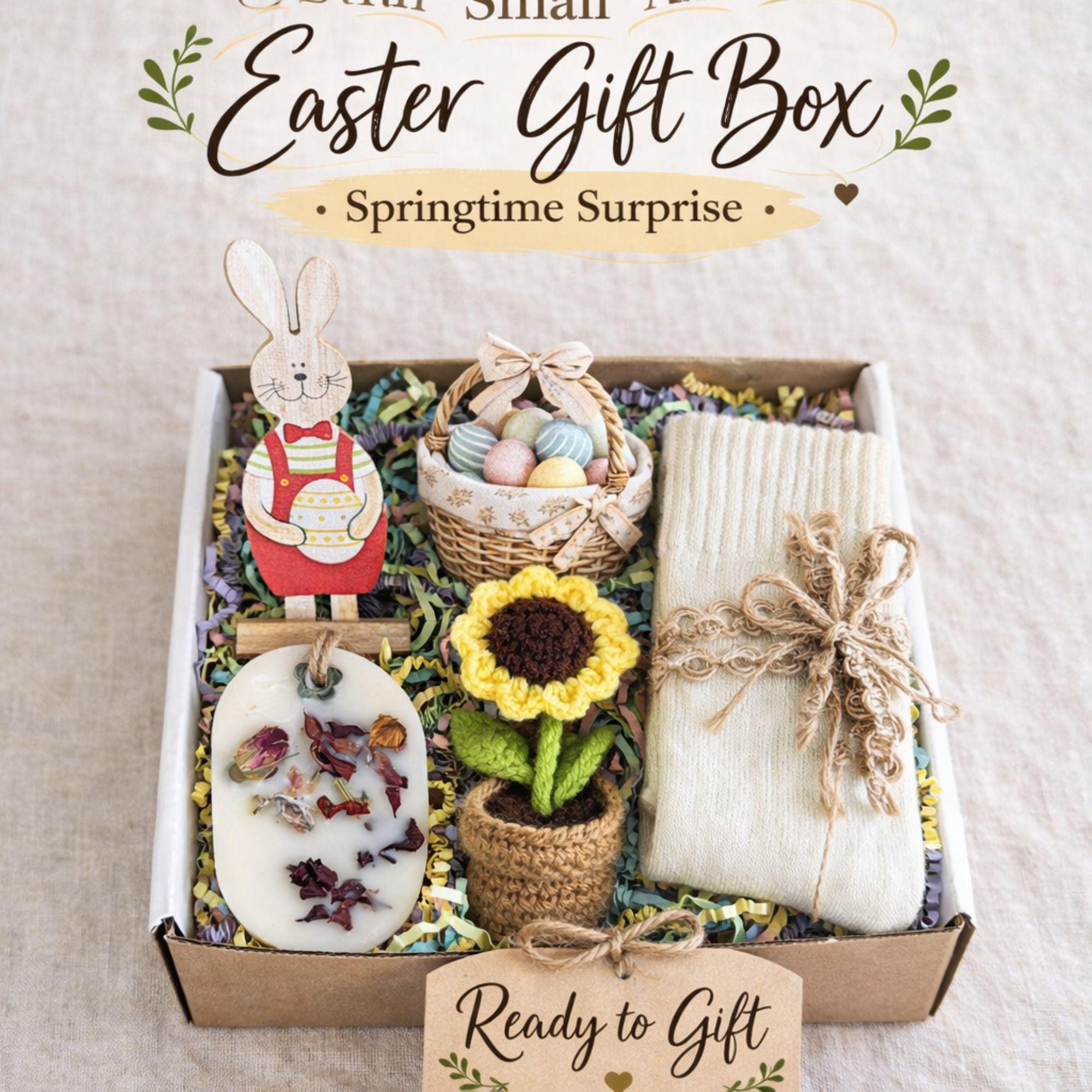 small easter gift box with wooden bunny decoration, crochet sunflower in pot, handmade botanical wax sachet, mini easter basket with eggs, soft neutral cloth wrapped with twine, colorful paper filler, spring themed gift box for women, ready to gift easter care package, cozy handmade spring gift set, pastel aesthetic small gift box