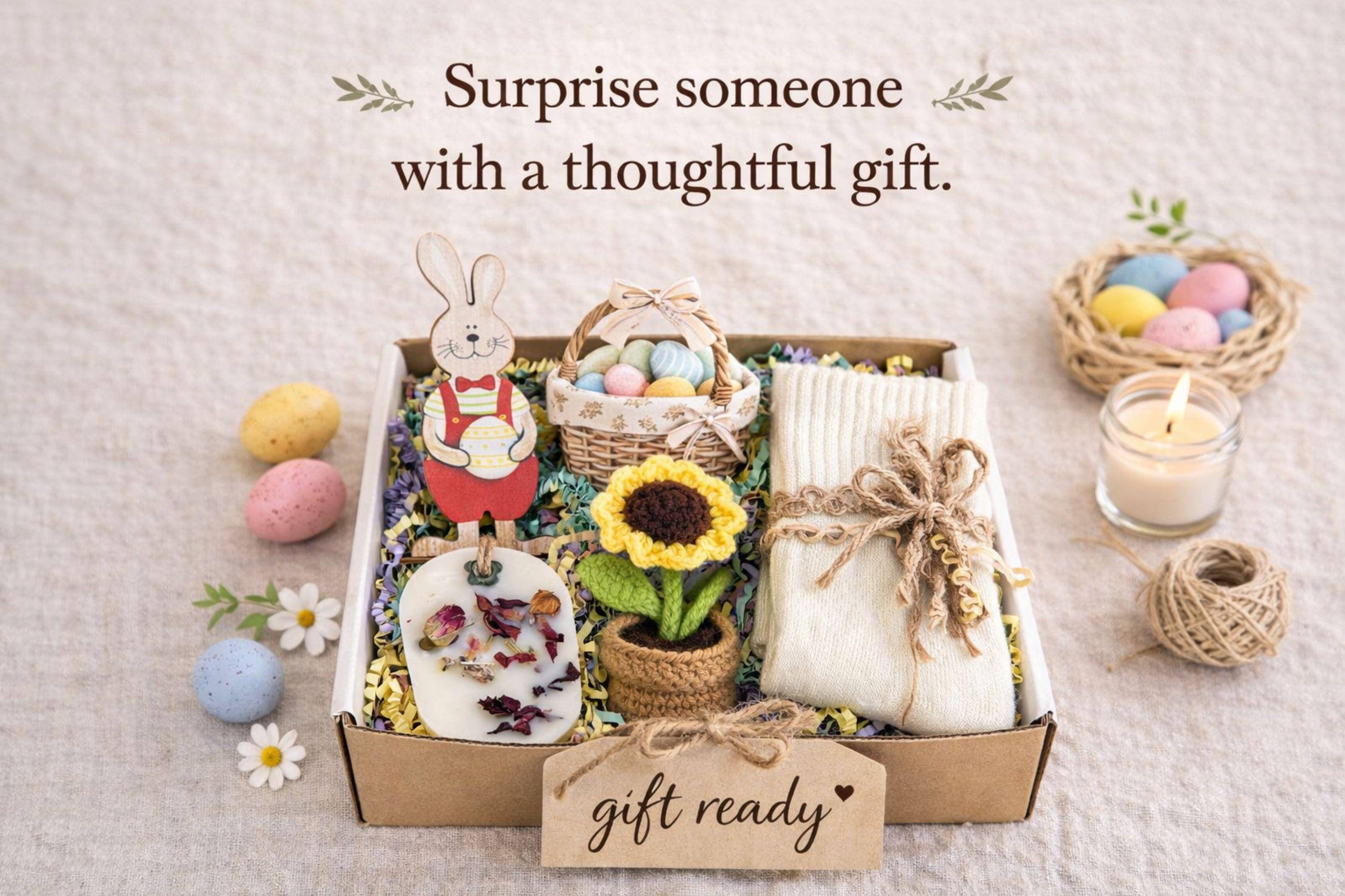 small easter gift box with wooden bunny decoration, crochet sunflower in pot, handmade botanical wax sachet, mini easter basket with eggs, soft neutral cloth wrapped with twine, colorful paper filler, spring themed gift box for women, ready to gift easter care package, cozy handmade spring gift set, pastel aesthetic small gift box