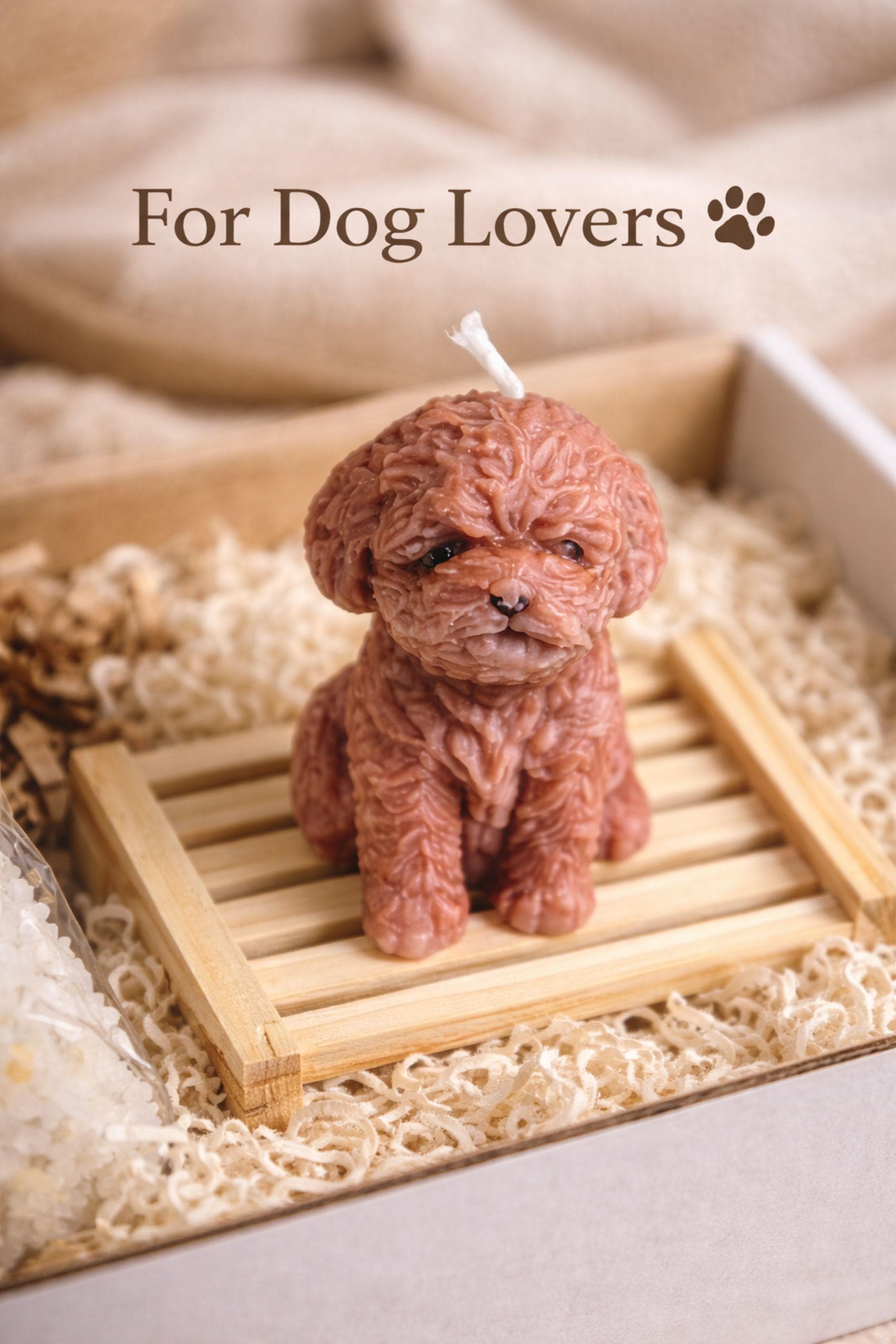 Dog lover gift box featuring cozy socks, handmade soap, bath salts and dog shaped candle, pet lover care package designed for relaxation and comfort, thoughtful gift for dog mom or dog dad, cozy self care box with soft textures and warm neutral aesthetic, perfect gift for dog owner, animal lover or friend, ready to gift packaging with curated items for comfort and relaxation