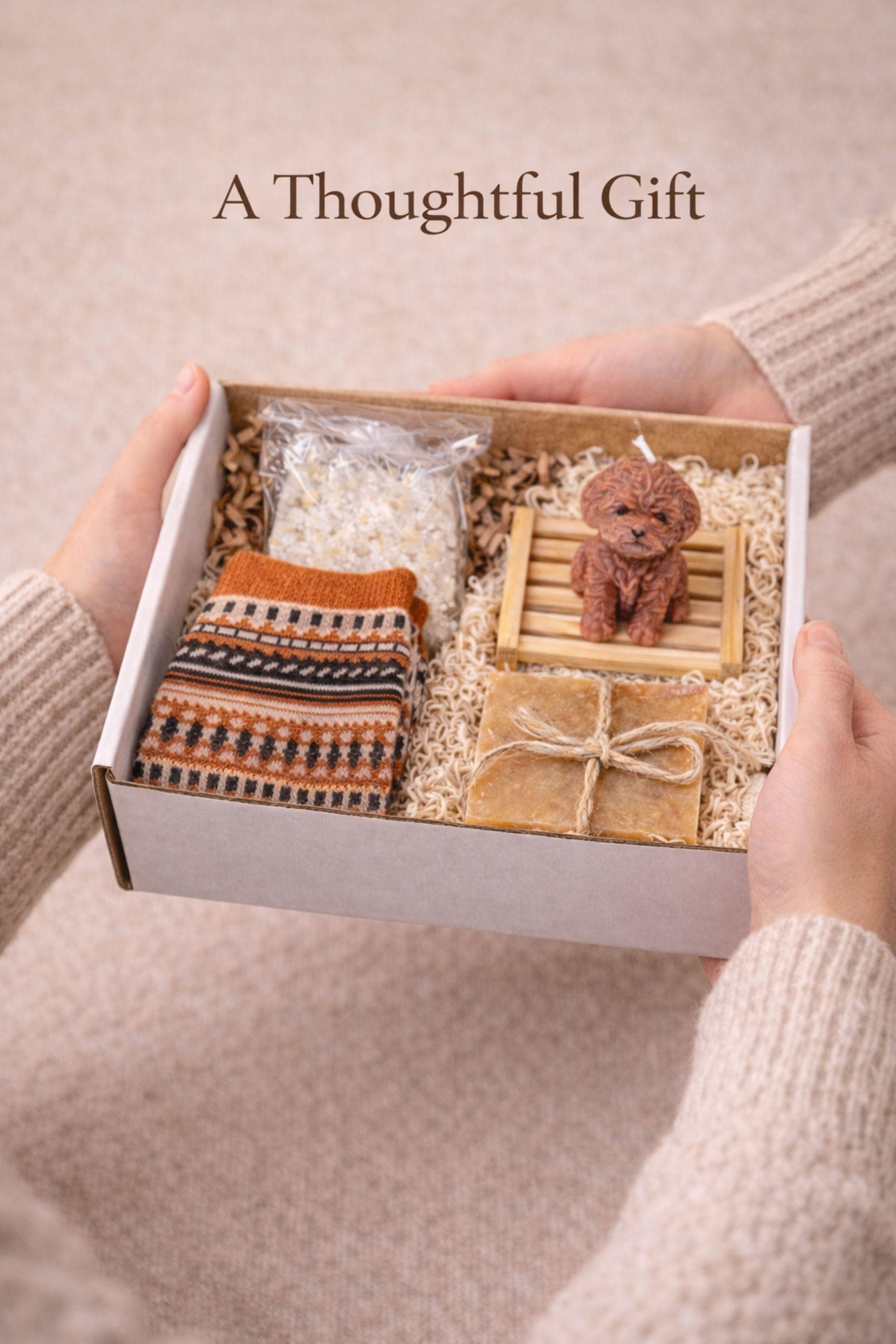 dog mom mothers day gift box cozy care package for dog lover mom with handmade soap natural soap bag cozy socks dog shaped candle pet lover gift box thoughtful gift for dog mom self care gift for women relaxation spa gift set ready to gift appreciation gift for pet mom cozy aesthetic gift for her