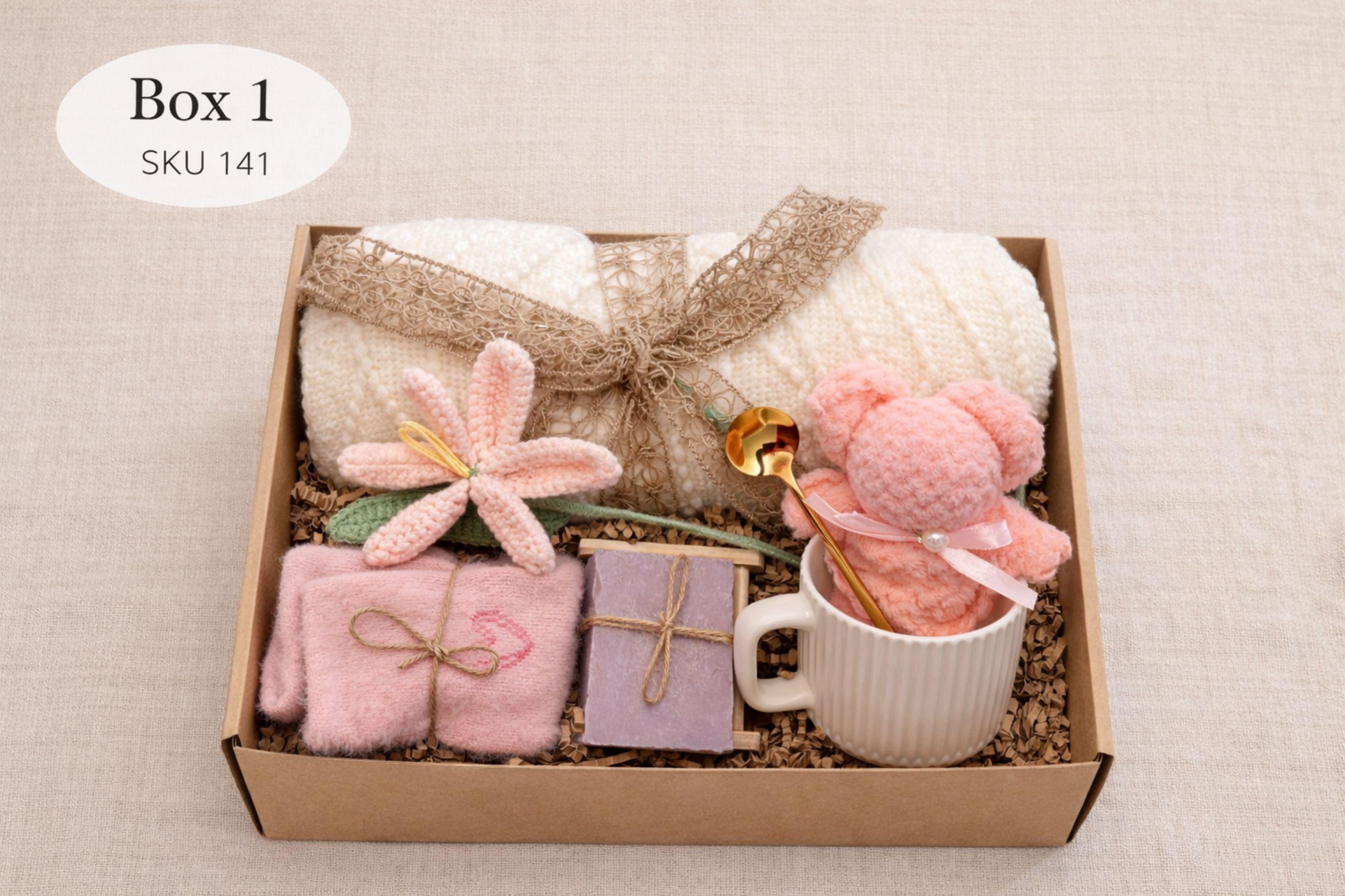 gift for mom from daughter cozy care package gift box with blanket candle soap mug teddy bear handmade crochet flower relaxation spa gift set mothers day gift for mom thoughtful present self care box for women comfort gift basket soft neutral aesthetic ready to gift appreciation gift for mother pamper gift box cozy gift set for her