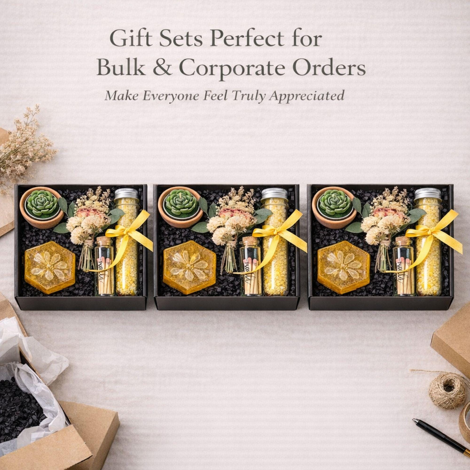 Corporate gift box for employee appreciation and client thank you gifting featuring handmade candle, bath salts, artisan soap, matches and dried flowers in elegant black box with yellow ribbon, compact 6x6 inch business gift set perfect for bulk corporate orders, office gifting, team appreciation, professional relationships and direct shipping to recipients