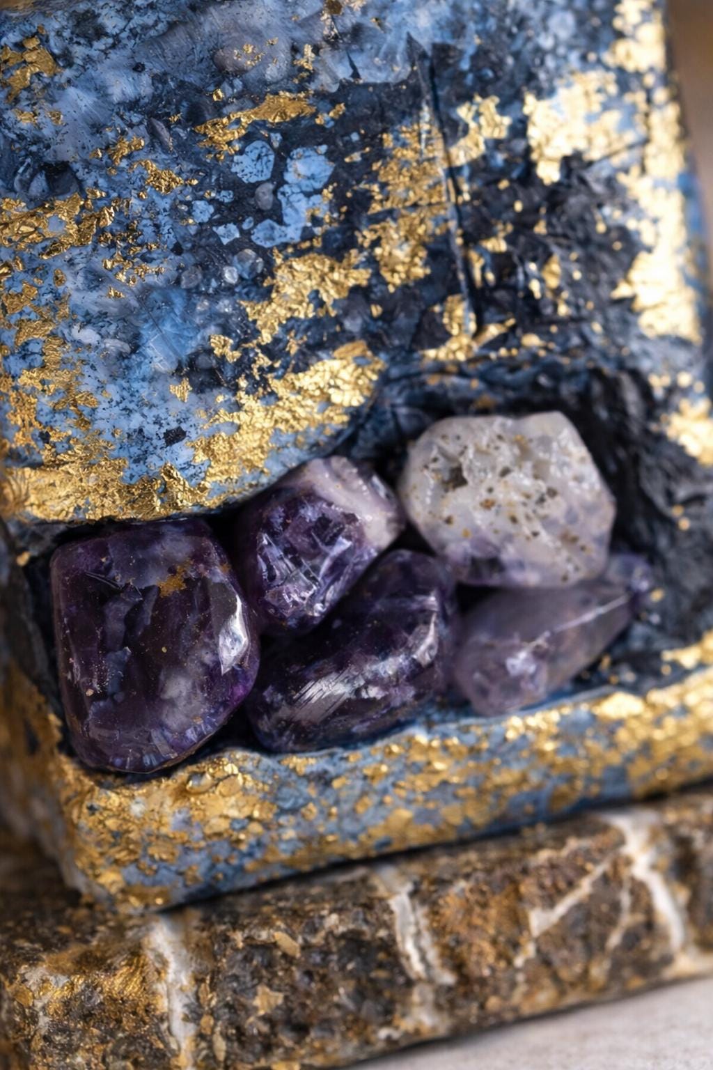 amethyst crystal close up in candle natural gemstone detail luxury handmade candle with crystals healing decor texture