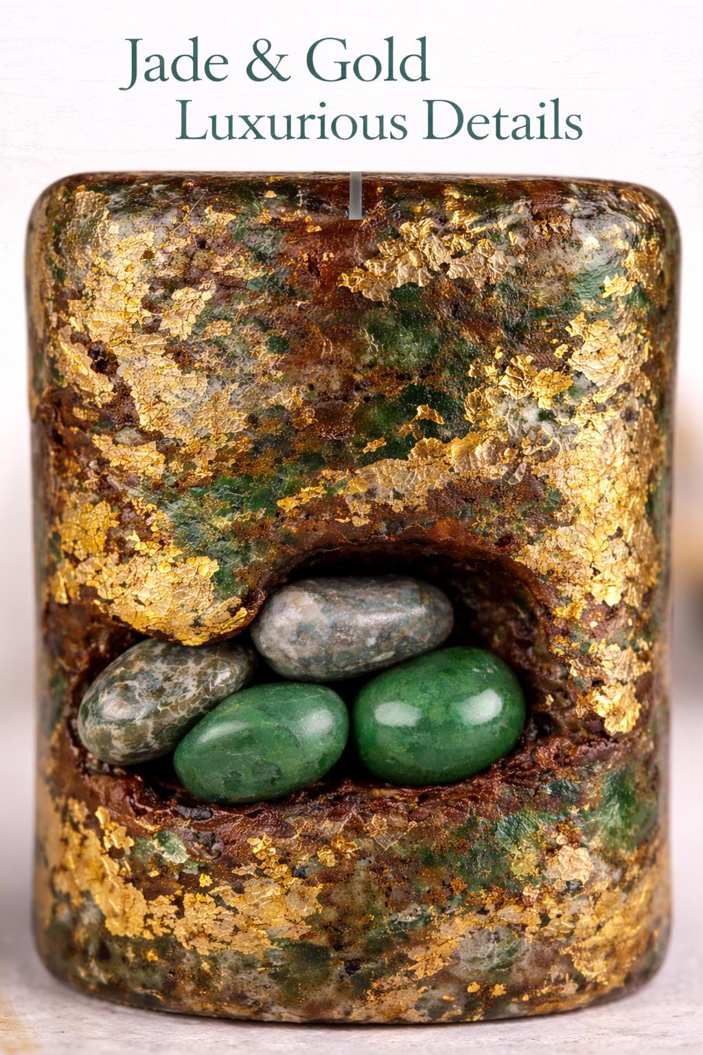 Close-up jade aura crystal candle with green jade stones and gold foil, handmade luxury candle detail, decorative spiritual home decor gift