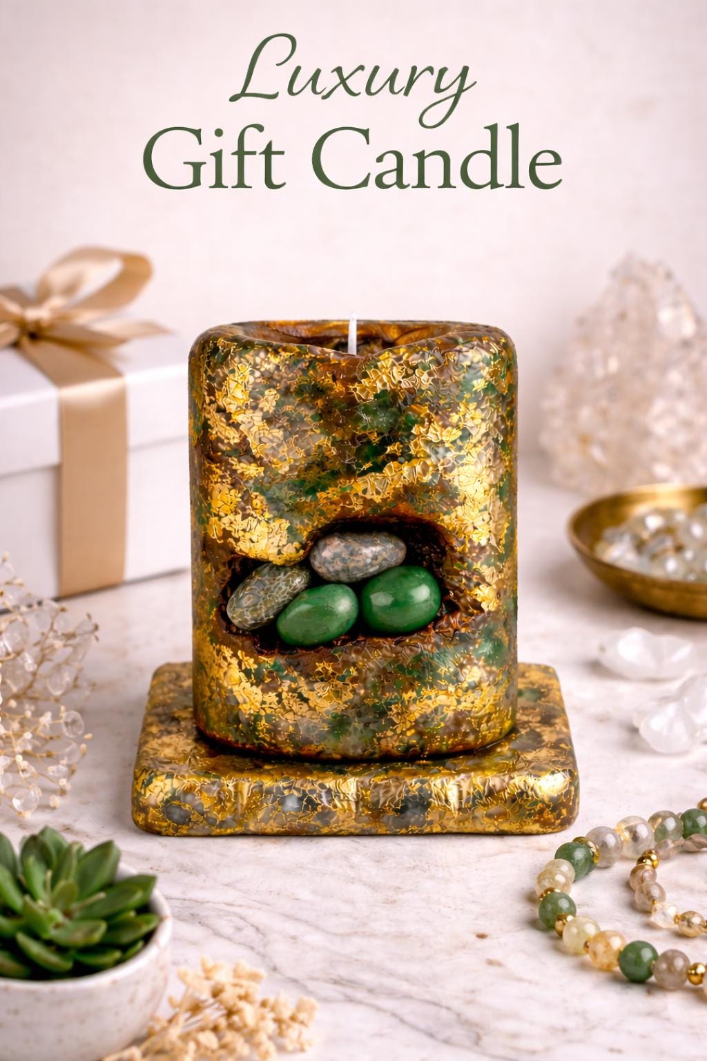 Luxury jade candle gift with green stones and gold leaf, handmade crystal candle, elegant premium gift for her, unique decorative candle