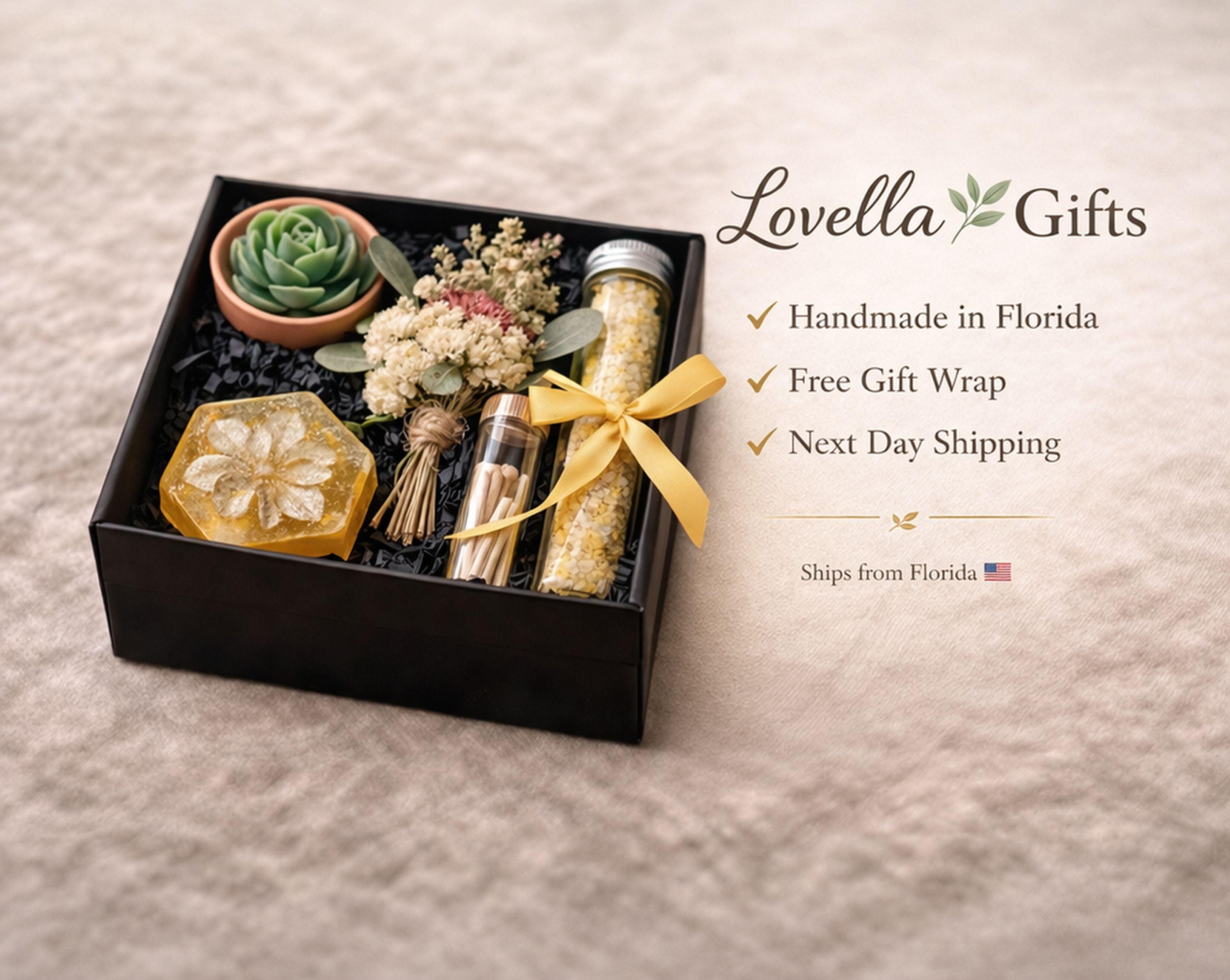 Small coworker appreciation gift box featuring succulent candle, handmade soap, bath salts, matches and dried flowers in black box with yellow ribbon, thoughtful thank you gift for coworker, friend or office team, compact 6x6 inch care package perfect for desk gift, employee appreciation, workplace gifting and meaningful everyday thank you presents