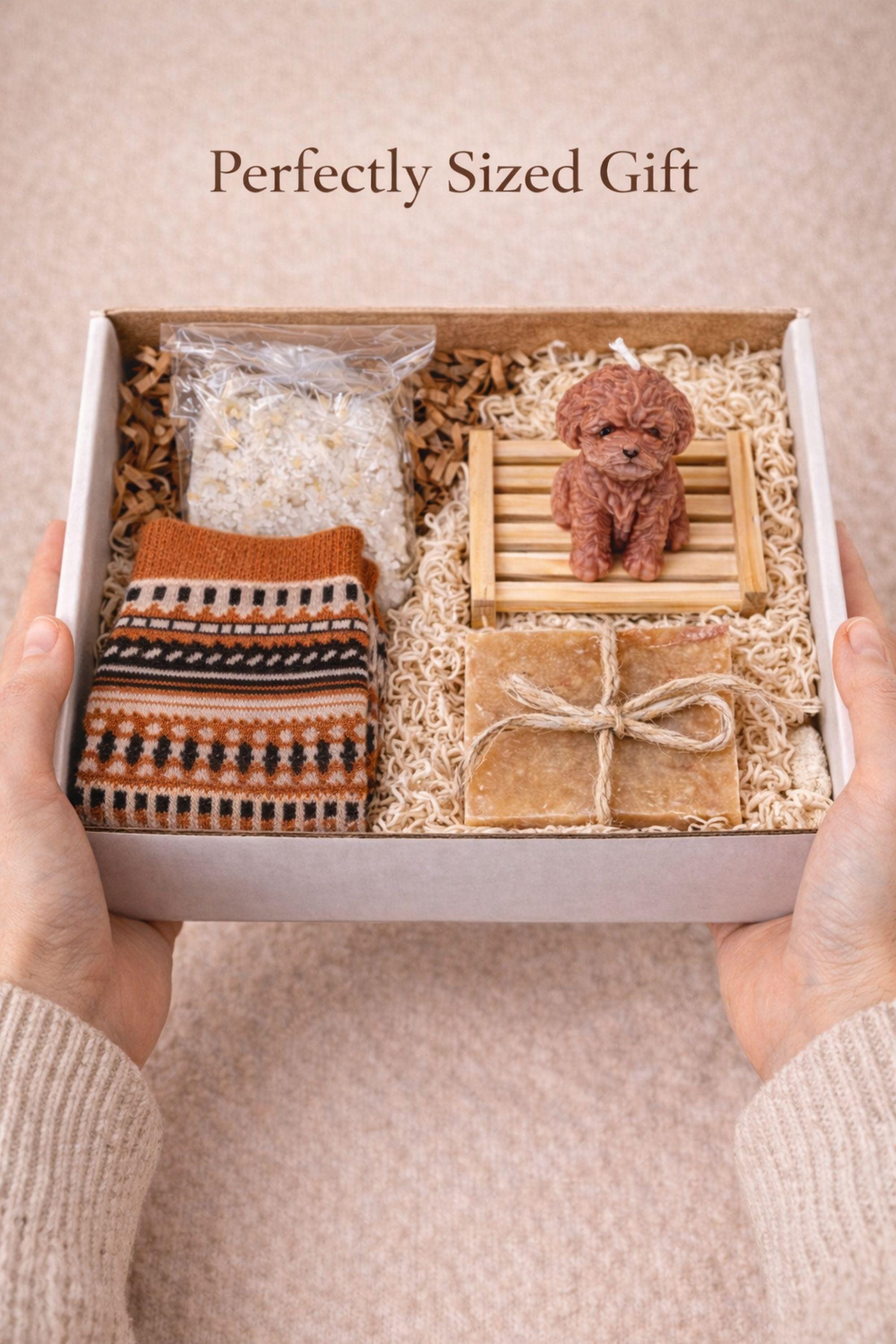 dog mom mothers day gift box cozy care package for dog lover mom with handmade soap natural soap bag cozy socks dog shaped candle pet lover gift box thoughtful gift for dog mom self care gift for women relaxation spa gift set ready to gift appreciation gift for pet mom cozy aesthetic gift for her