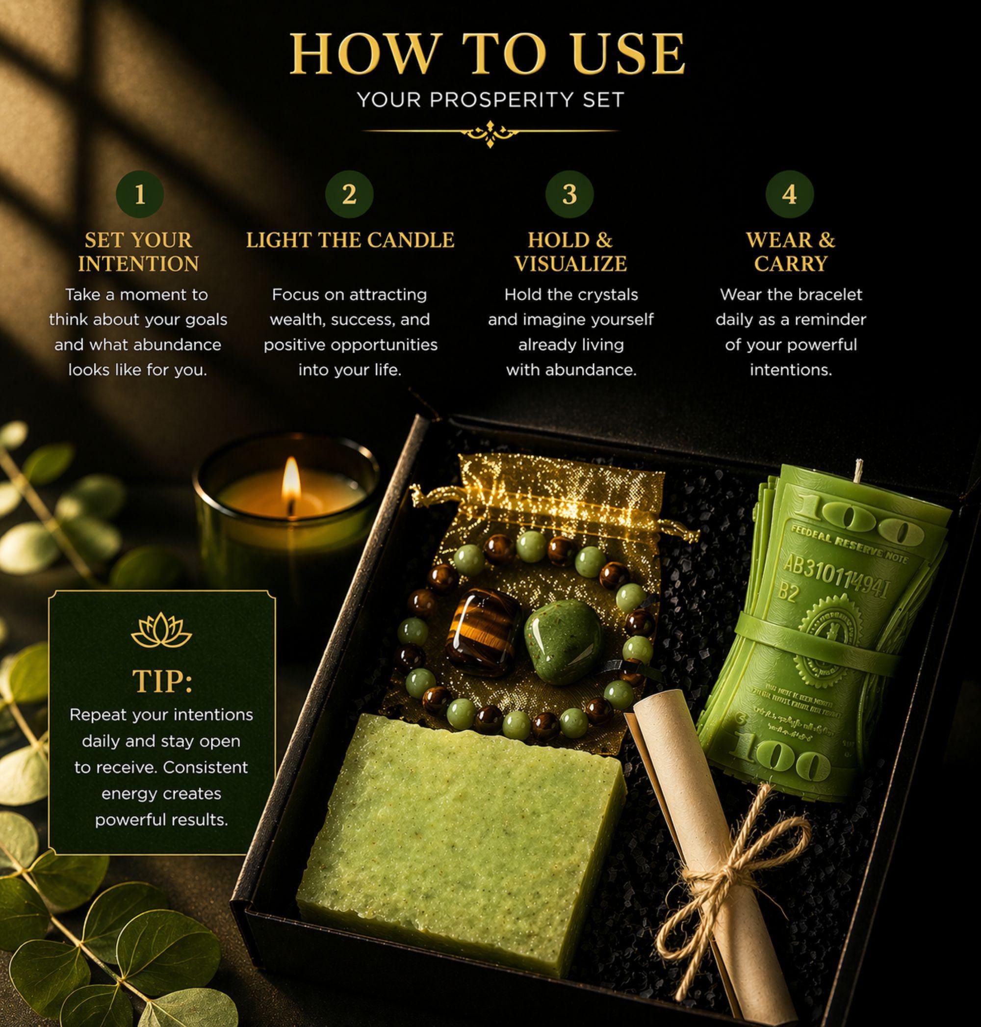 Wealth manifestation gift set with crystal bracelet, tiger eye stone, green aventurine, prosperity candle, handmade soap and intention scroll in black gift box, spiritual abundance ritual kit for attracting money success and positive energy, law of attraction gift for her or him, meaningful crystal gift set for manifestation and personal growth
