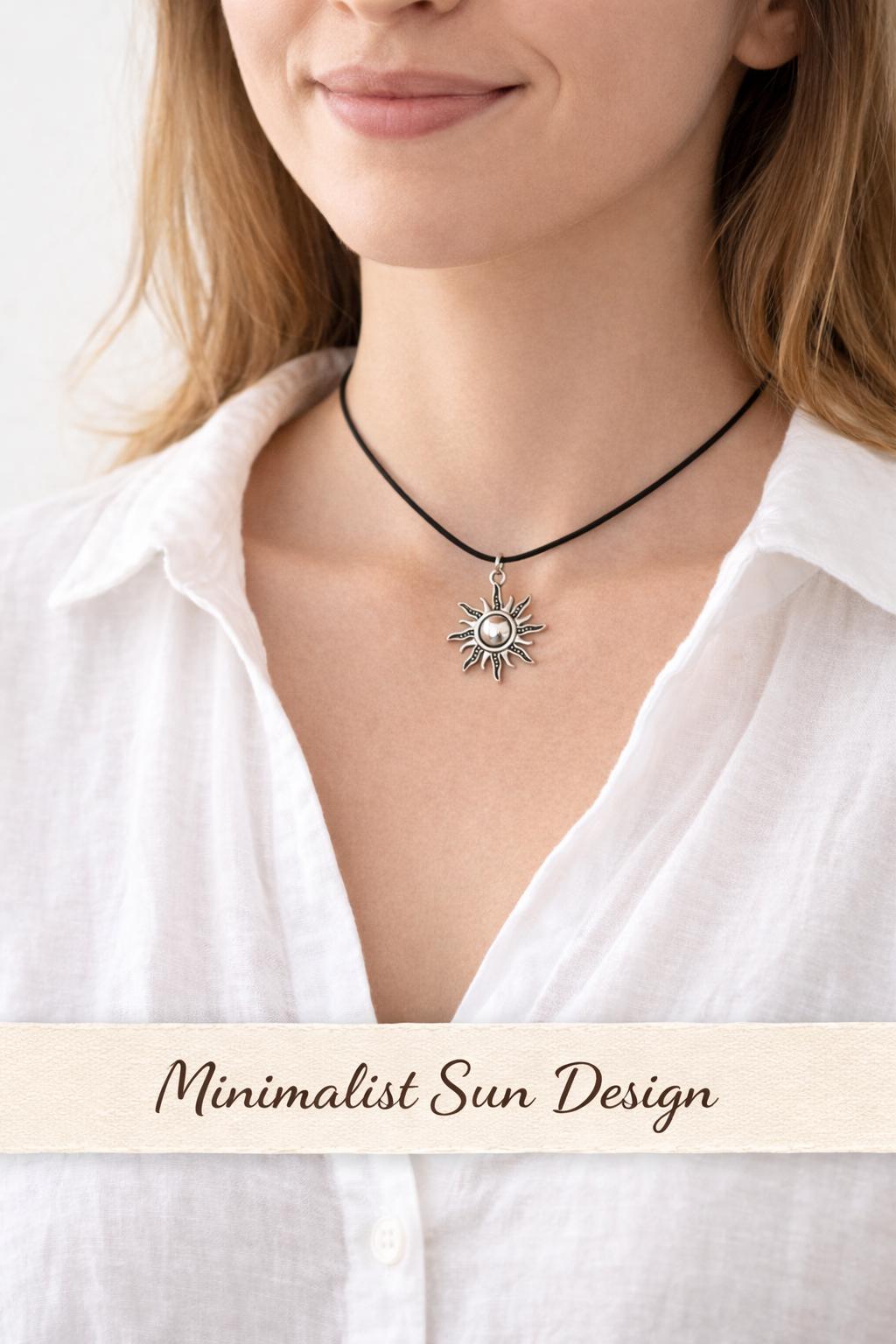 silver sun pendant necklace on woman neck minimalist everyday jewelry white shirt celestial sun charm choker gift for her stylish outfit