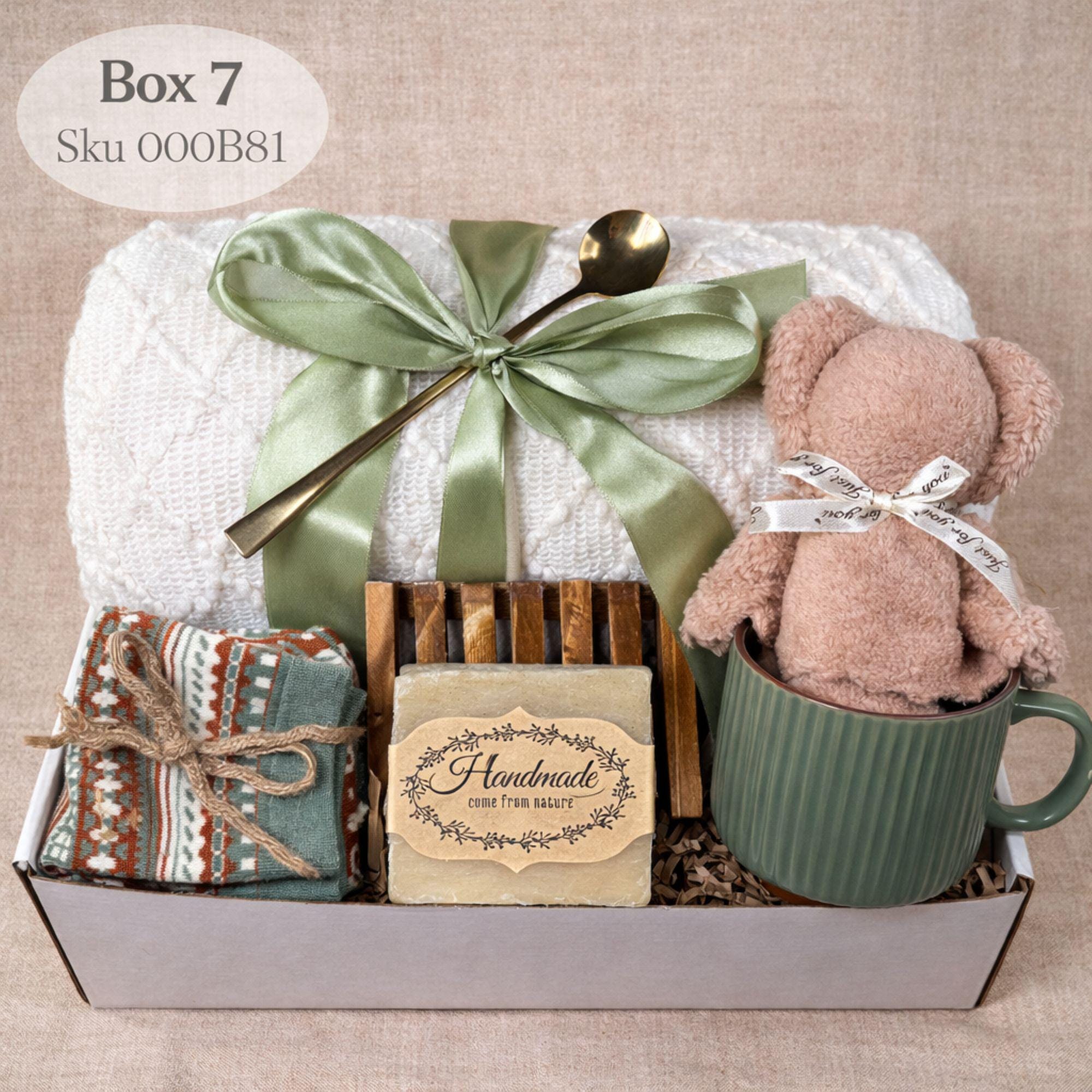 birthday gift box for her self care package cozy spa gift basket relaxation gift with knit blanket ceramic mug gold spoon artisan soap cozy socks handmade flower thoughtful birthday present for women comfort care package ready to gift