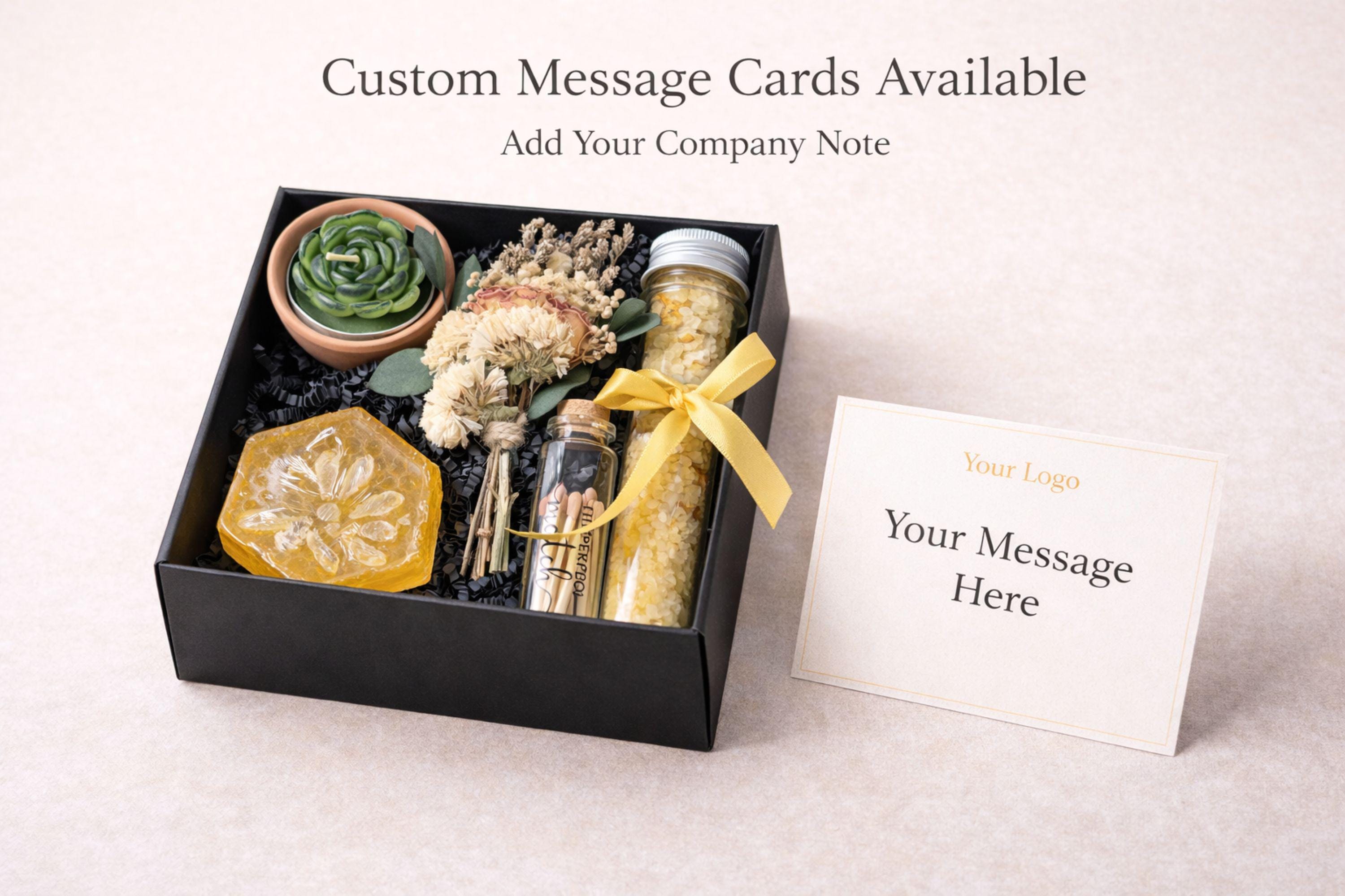 Corporate gift box for employee appreciation and client thank you gifting featuring handmade candle, bath salts, artisan soap, matches and dried flowers in elegant black box with yellow ribbon, compact 6x6 inch business gift set perfect for bulk corporate orders, office gifting, team appreciation, professional relationships and direct shipping to recipients