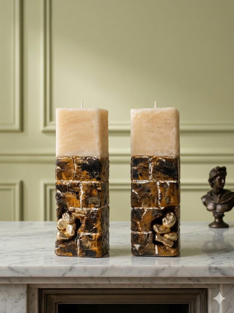 sculptural candle set with stone texture base and gold accents modern minimalist home decor luxury decorative candle pair
