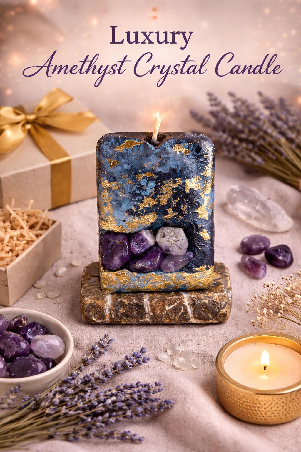 luxury amethyst crystal candle handmade gemstone candle gift for her aesthetic spiritual decor candle blue gold luxury candle