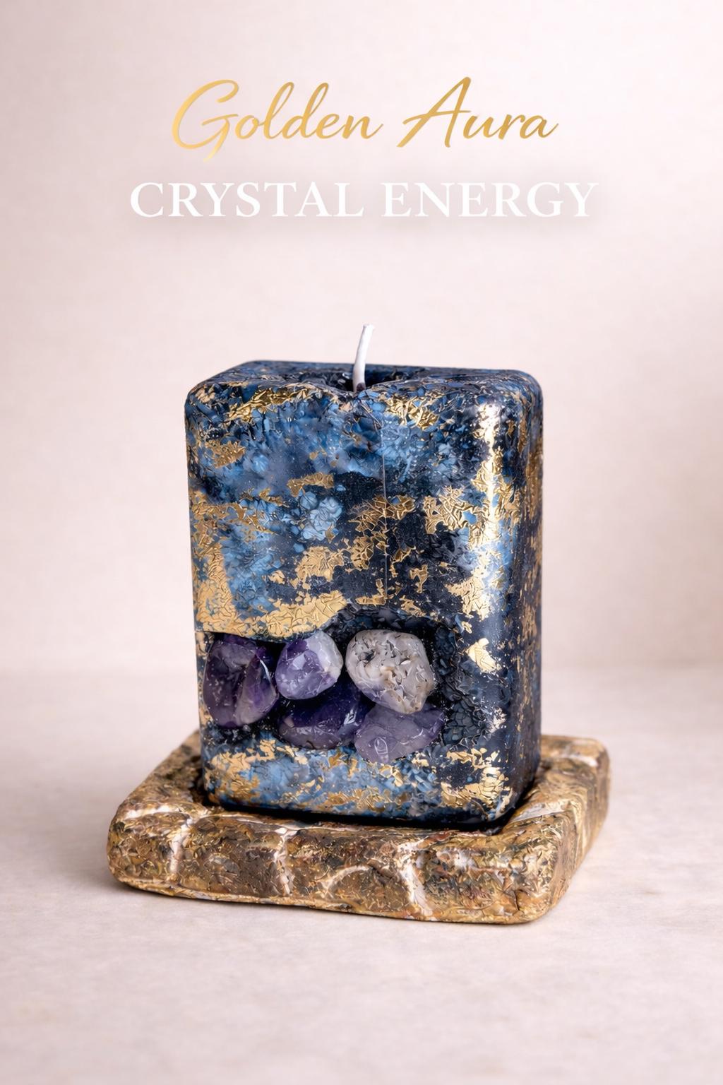 Amethyst crystal candle with 24K gold leaf front view on beige background luxury handmade candle minimal style gift for her