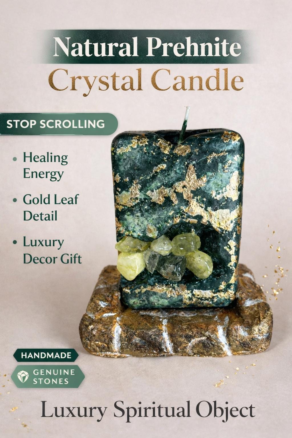 green healing crystal candle with prehnite stones luxury decor meditation candle