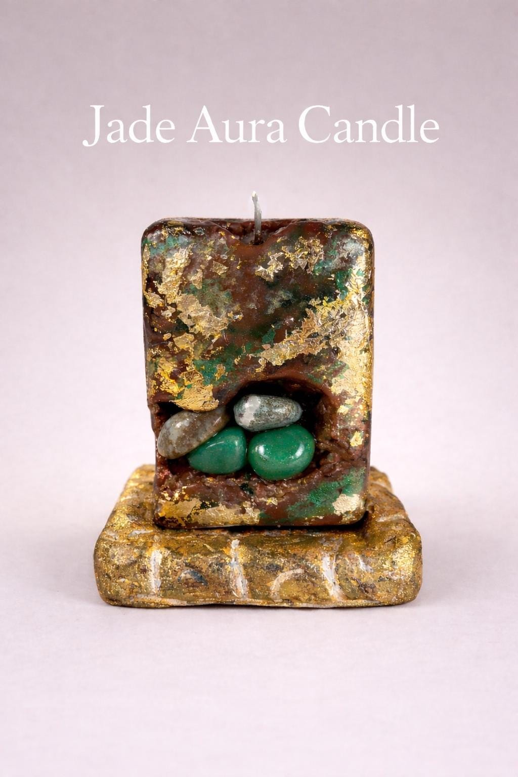 Luxury jade aura candle with gold leaf, handmade crystal candle with green stones, decorative spiritual home decor candle, unique gift for her, 4 inch artisan candle