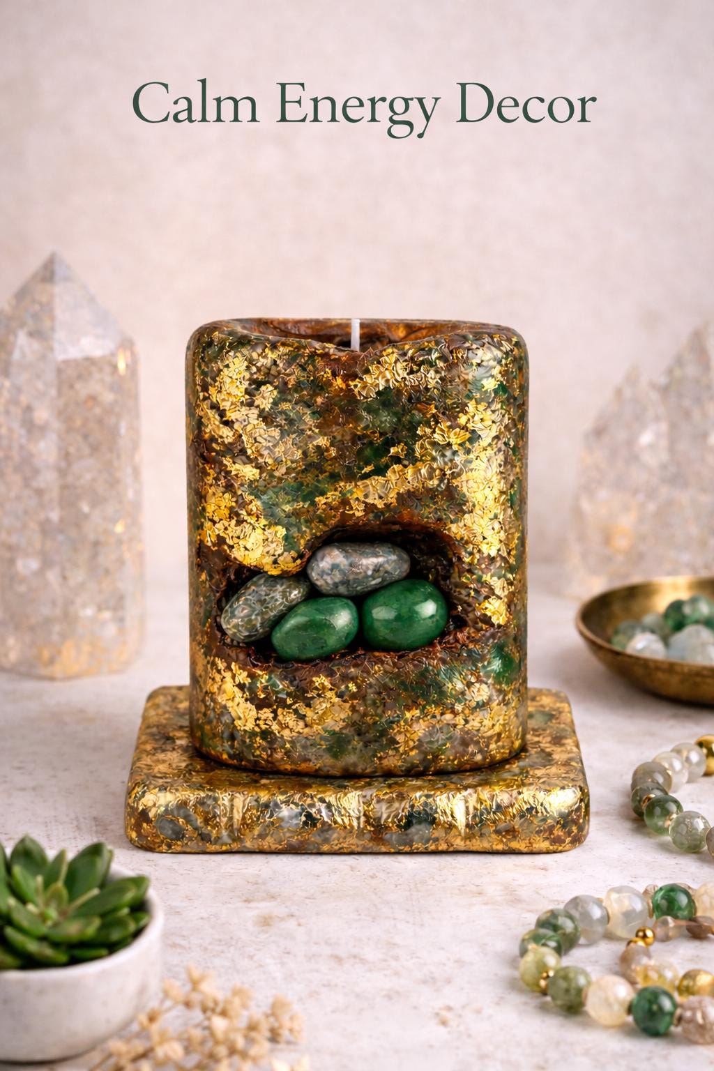 Jade aura crystal candle with gold leaf in spiritual setting, handmade green stone candle with incense and crystals, luxury home decor and meditation decor