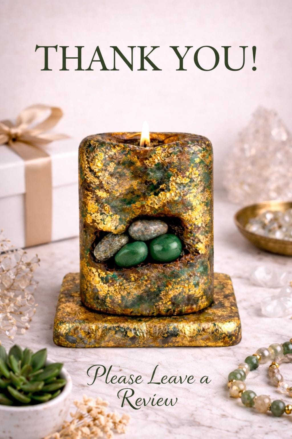 Handmade jade crystal candle with thank you message and review request, green stone candle with gold foil, luxury gift packaging and customer experience