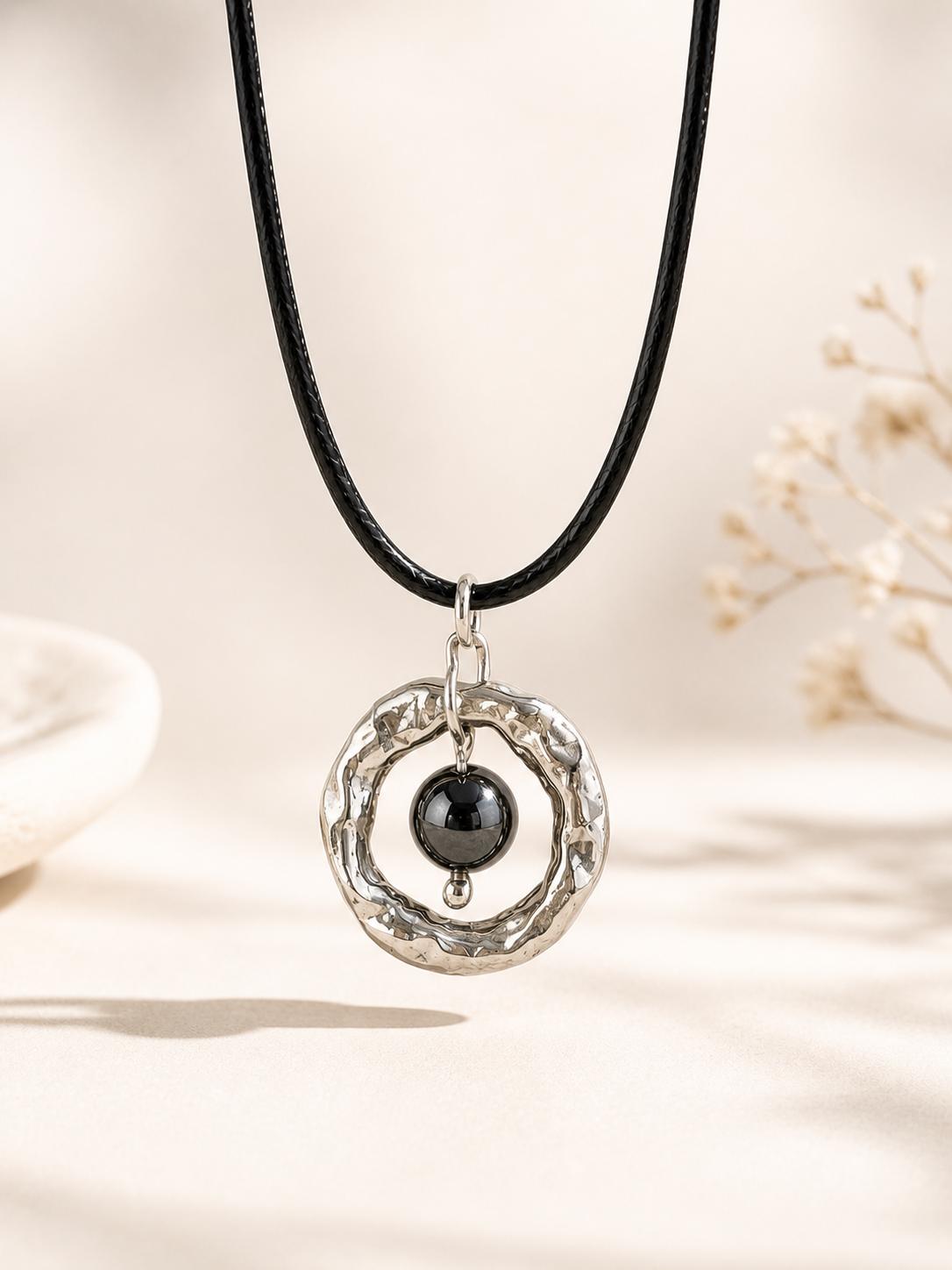 hematite necklace silver circle pendant minimalist luxury jewelry black cord choker