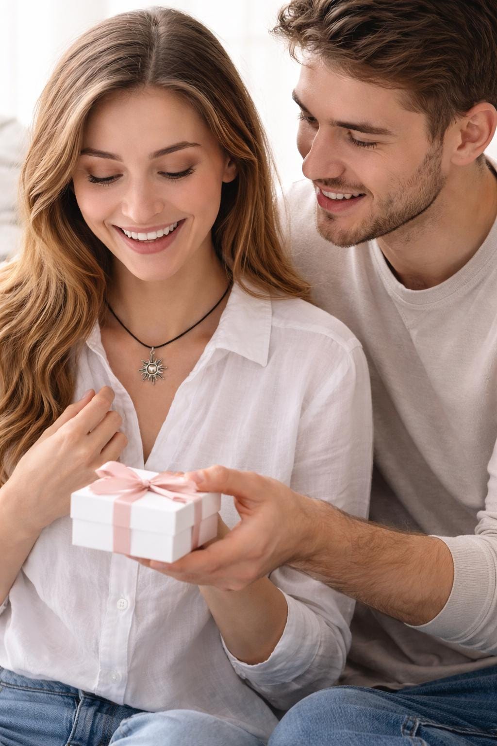 man giving jewelry gift box to woman wearing silver sun pendant necklace romantic moment gift for her celestial jewelry sun charm choker couple scene
