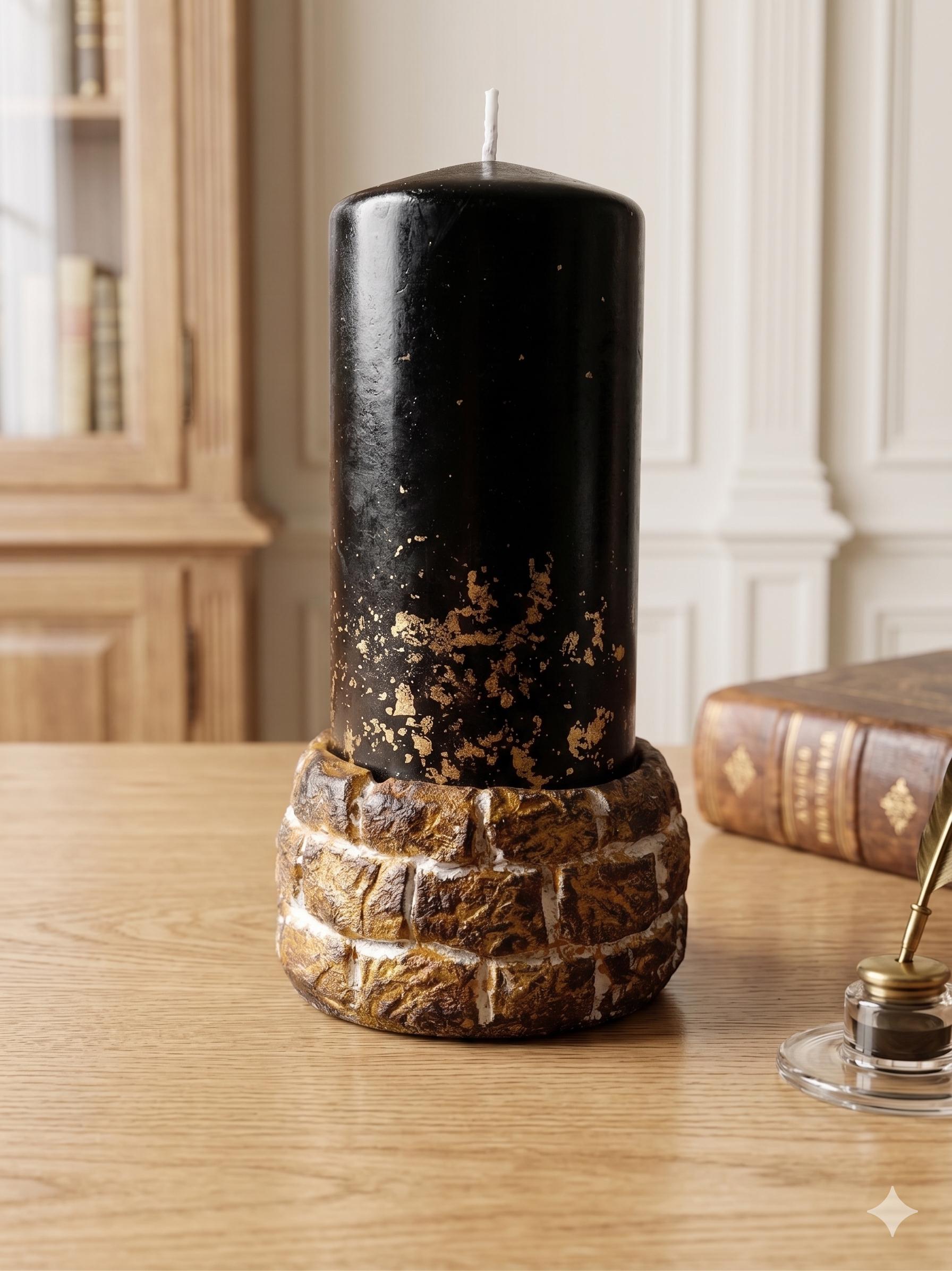 Sculptural black candle decor on textured stone base, minimalist home accent, modern aesthetic candle for coffee table styling, unique housewarming gift for her