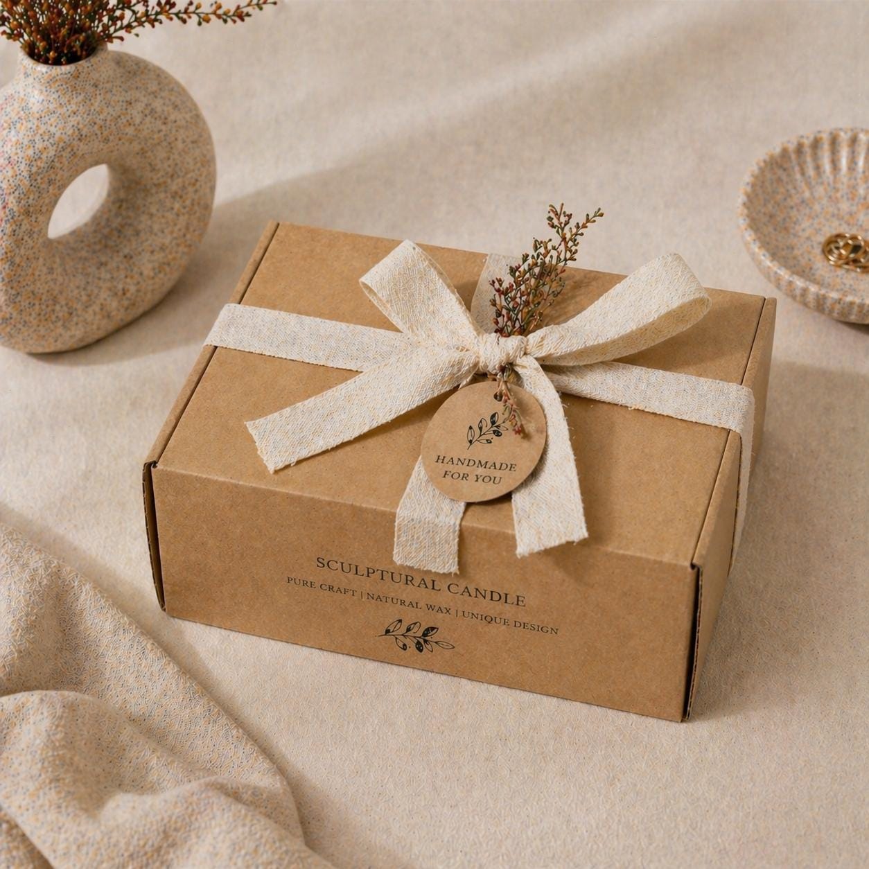 gift box with sculptural candles elegant ribbon packaging luxury candle gift set for her, for him