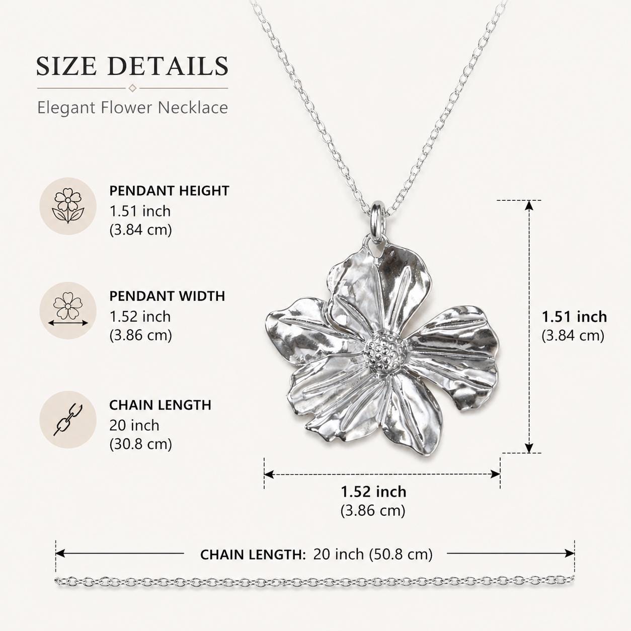 Silver flower necklace size chart showing pendant height 1.51 inch, width 1.52 inch, and 20inch silver plated chain, floral pendant necklace measurement guide