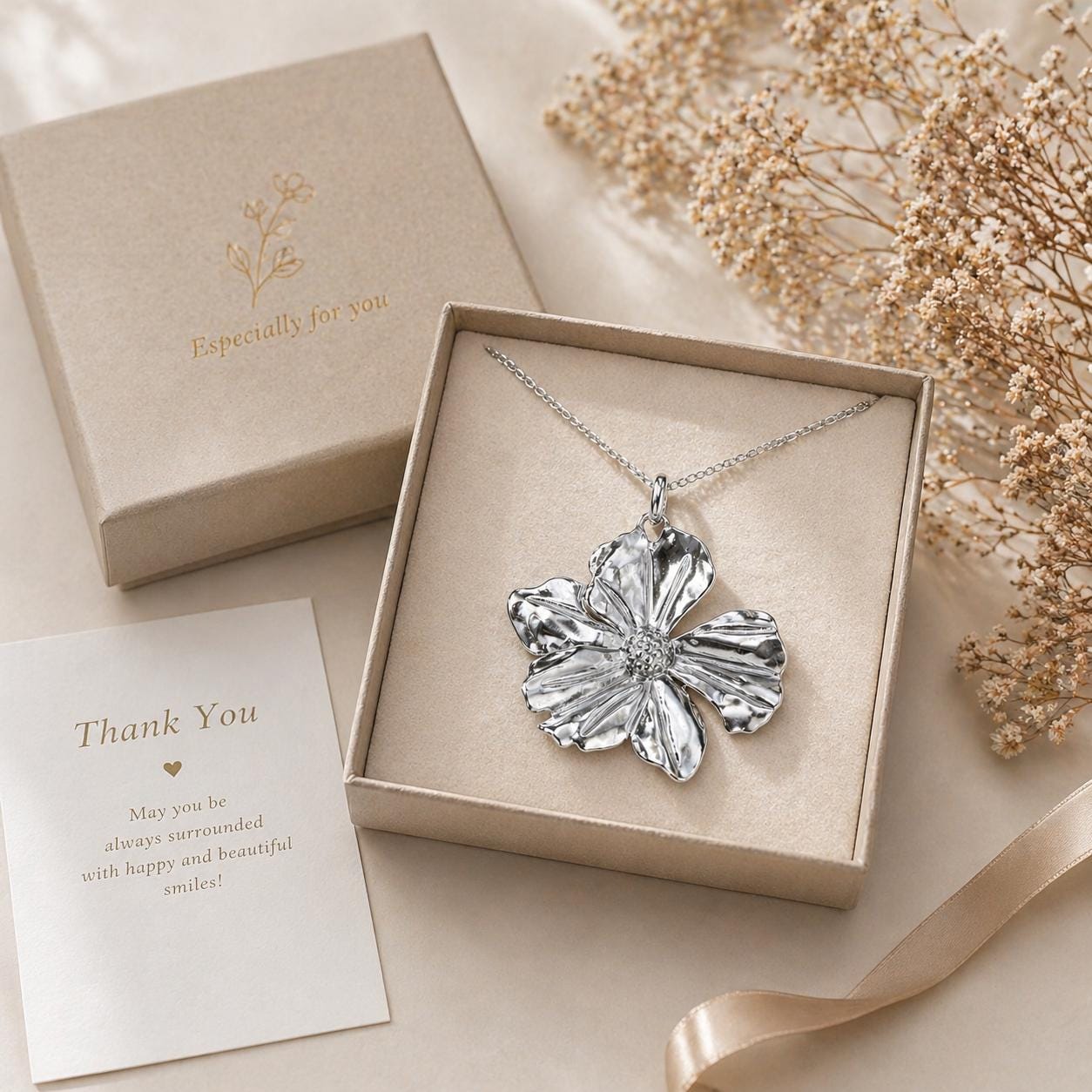 Silver flower necklace in luxury gift box with elegant beige packaging, floral pendant jewelry ready to gift, romantic necklace present for women and special occasions