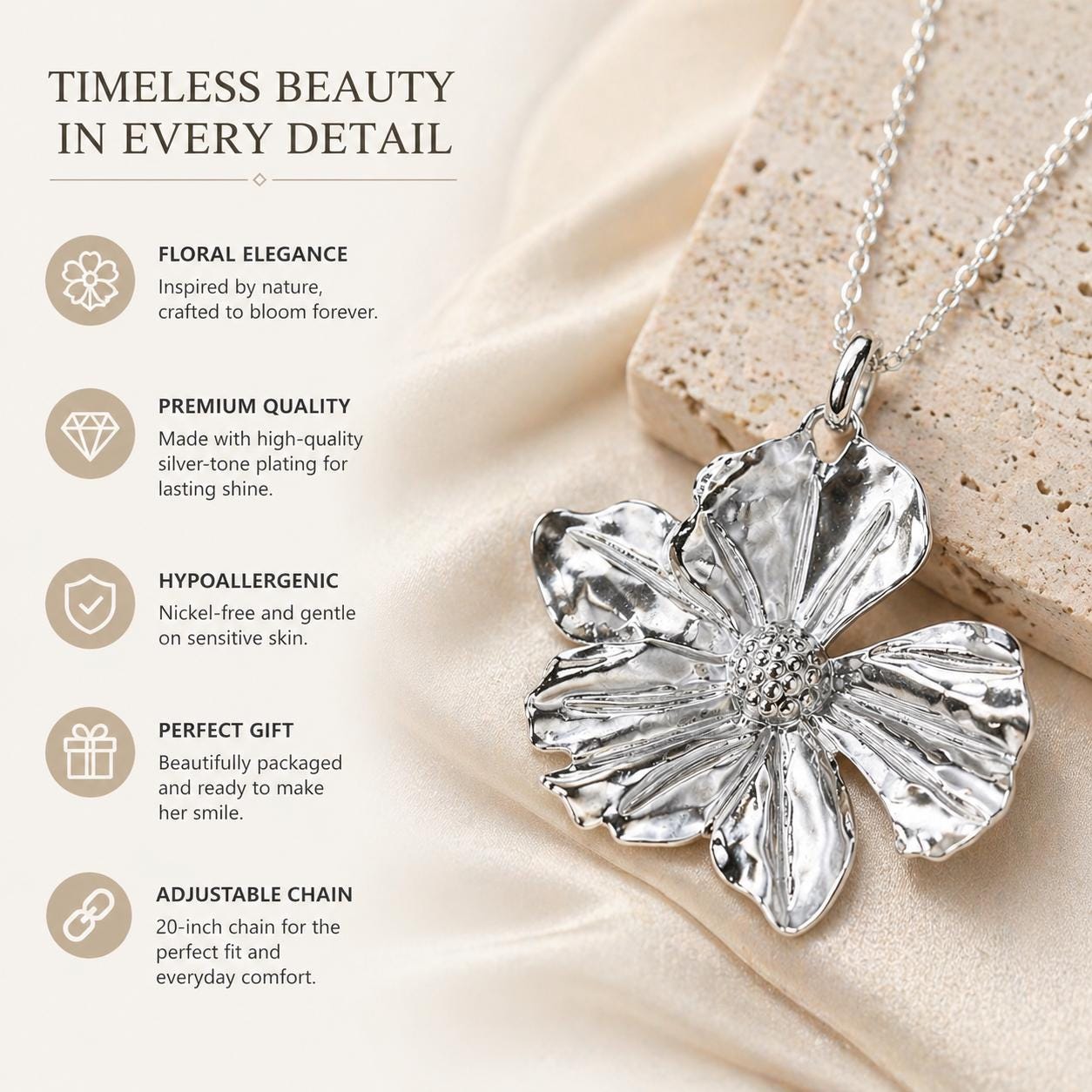 Silver flower necklace close up with elegant floral pendant on soft beige background, premium statement jewelry for women, romantic floral necklace gift ready for special occasions